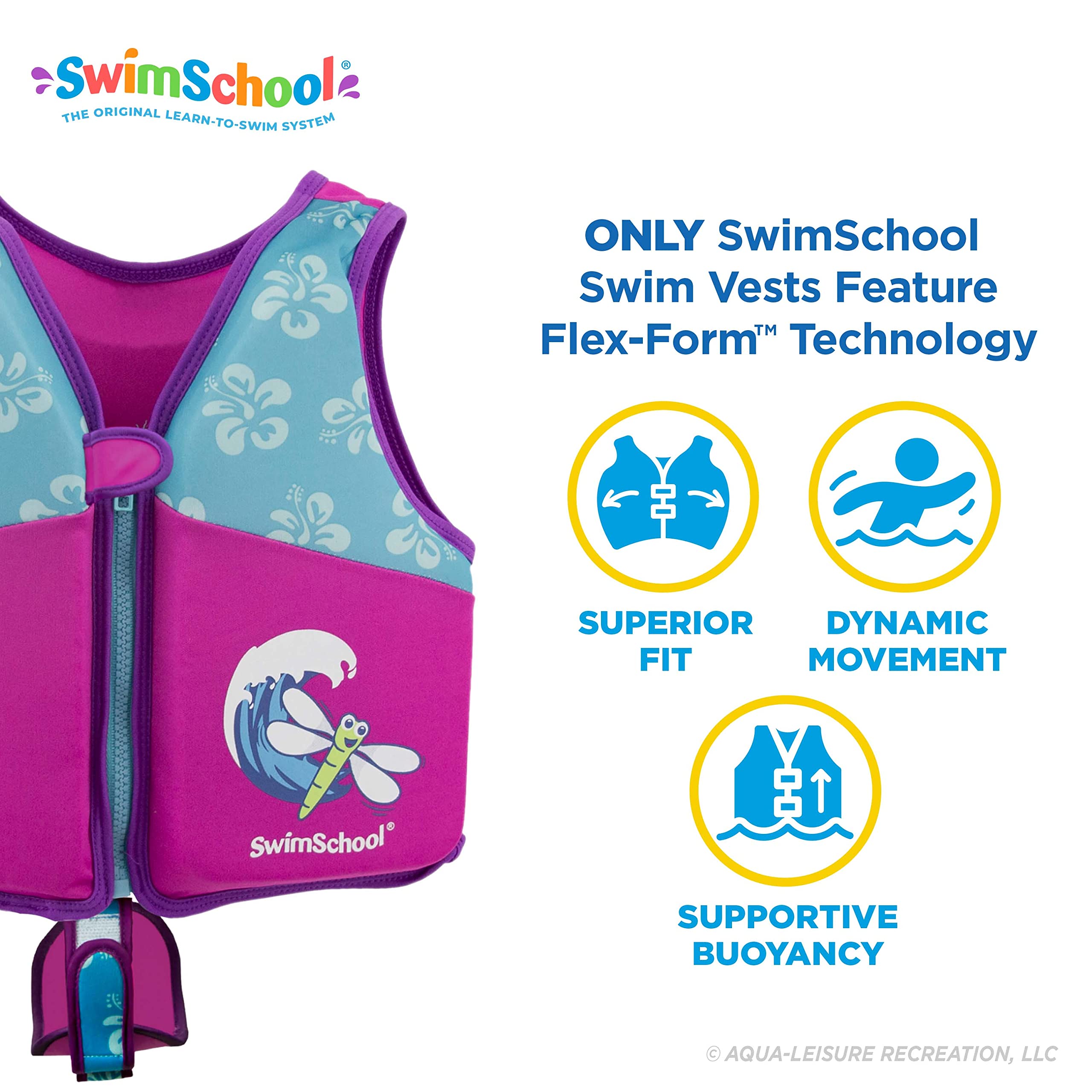 Swimschool Swim Trainer Vest - Small/Medium Max 33 Pounds - Kids Swim Vest With Padded Shoulders - Comfortable Flex-Form-Fit Des
