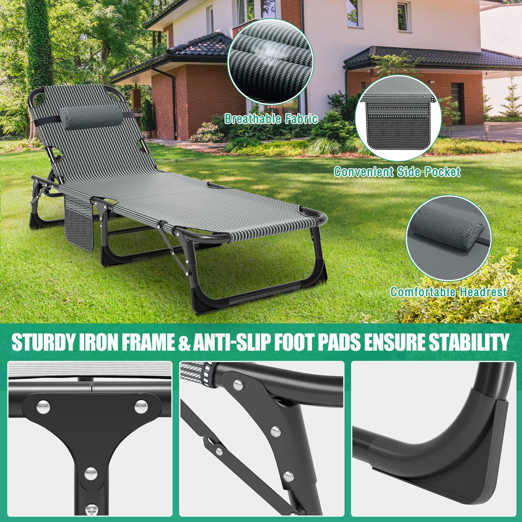 Camping Cot, Adjustable 4-Position Adults Reclining Folding Chaise With Pillow, Outdoor Portable Lounge Chair Sleeping Cots Bed,