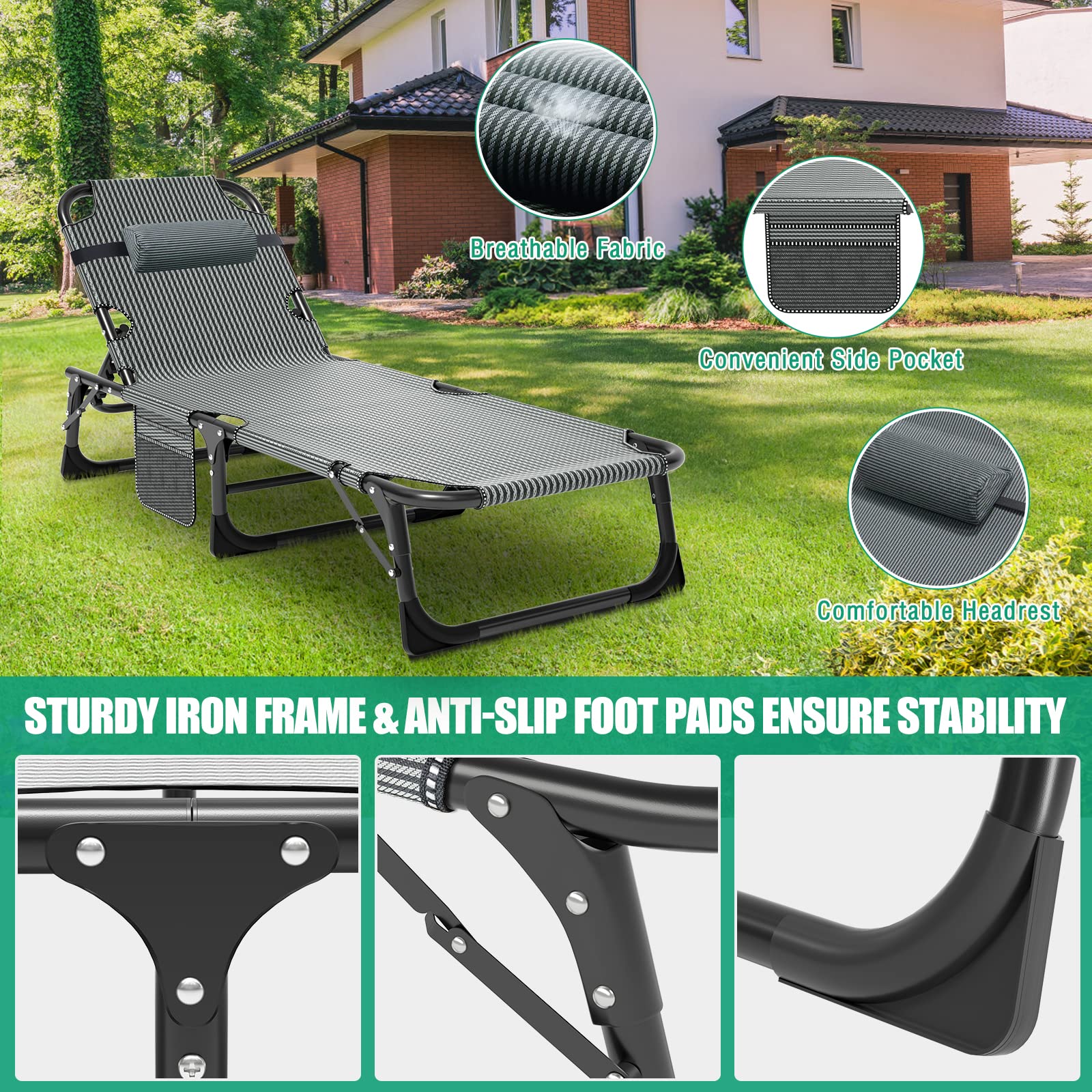 Camping Cot, Adjustable 4-Position Adults Reclining Folding Chaise With Pillow, Outdoor Portable Lounge Chair Sleeping Cots Bed,