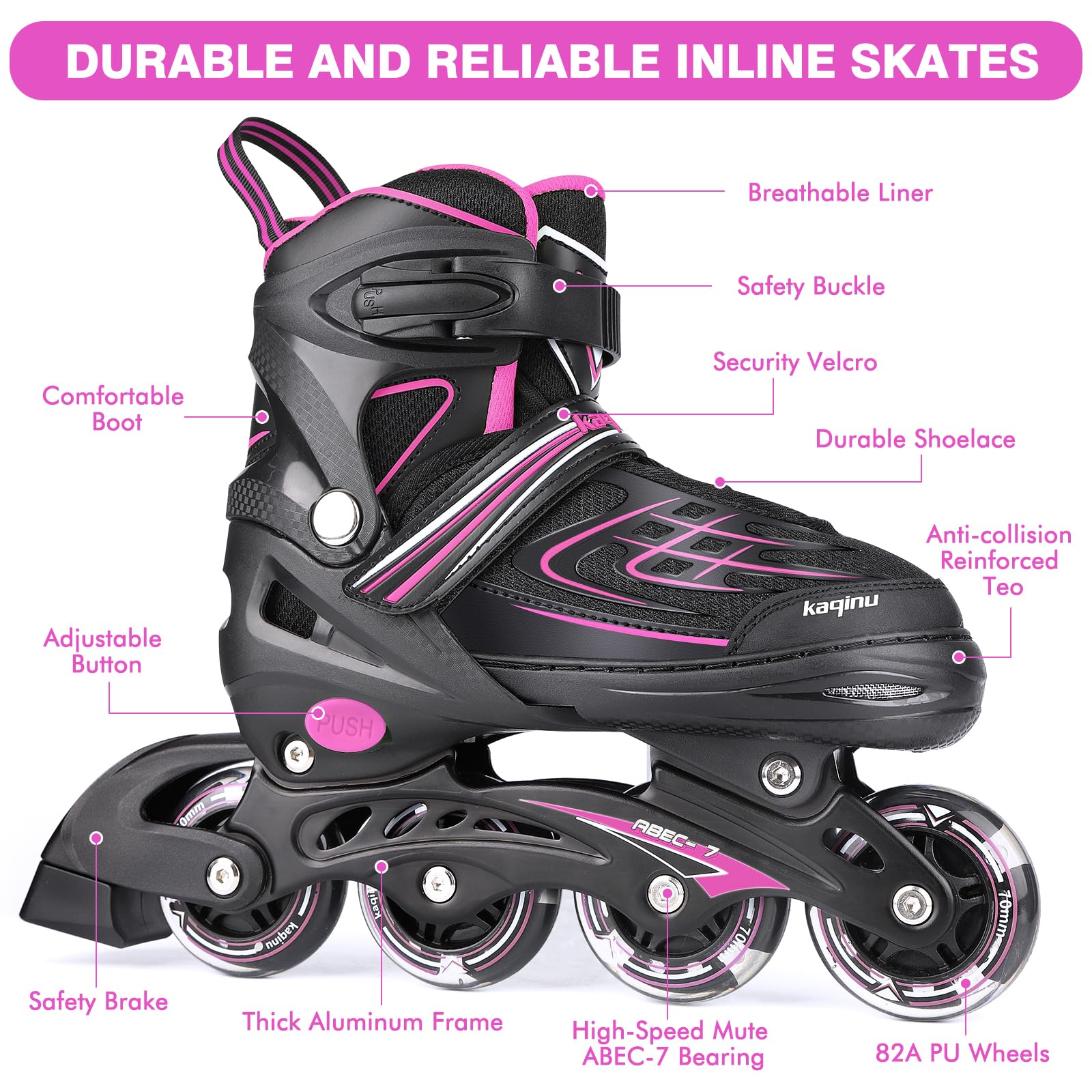 Kaqinu Adjustable Inline Skates, Outdoor Inline Skates With Full Illuminating Wheels For Women, Kids, Girls And Boys (Pink, S)