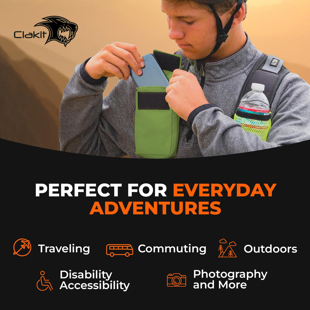 Clakit Smartphone Strap Pack - Backpack Shoulder Strap Pocket (Olive) - Backpack Attachment For Hikers, Travelers, Students, And