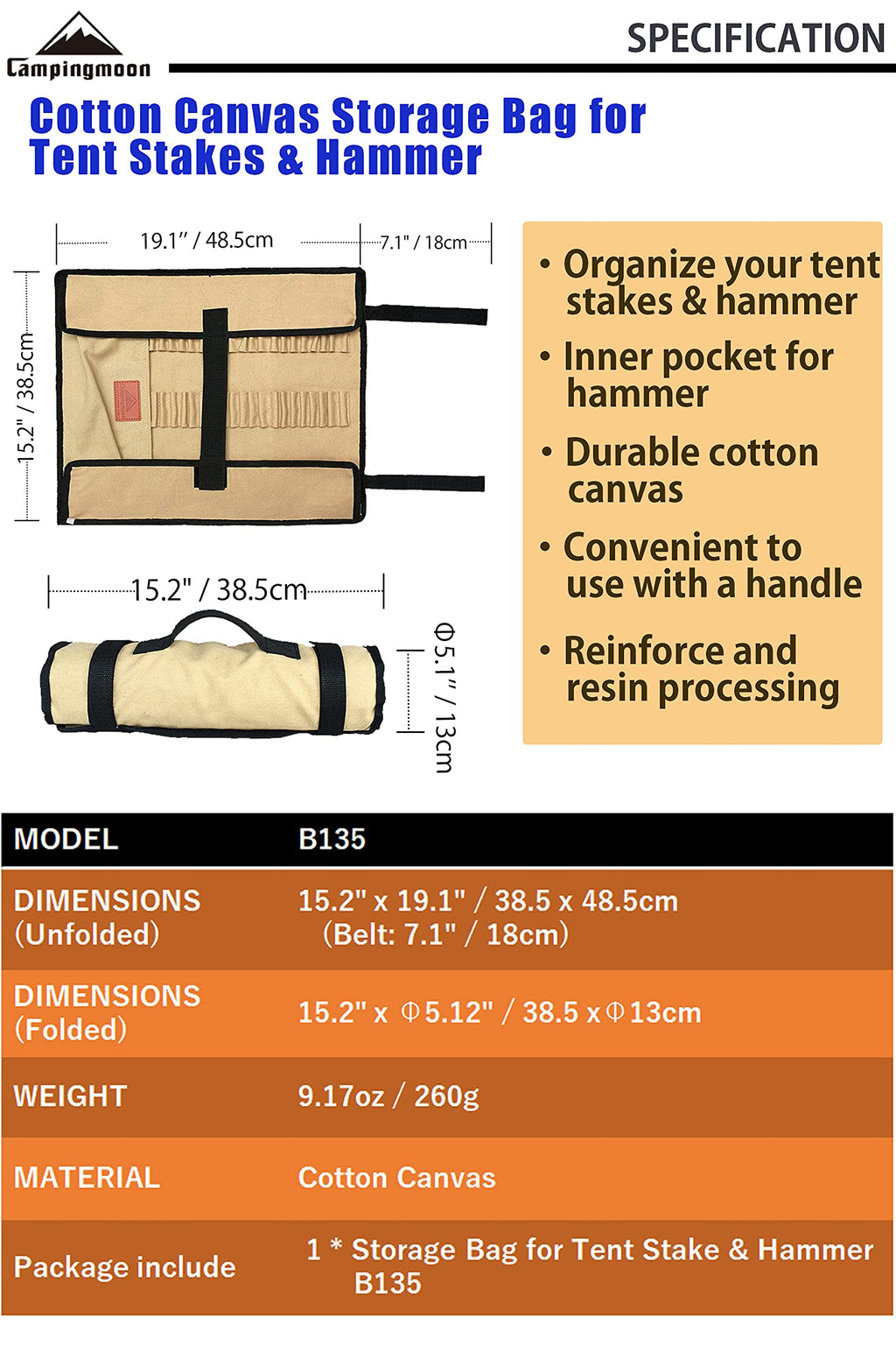 Campingmoon Cotton Canvas Tent Stakes Case Storage Bag Max 13.78?/35Cm In Length Beige Color B135