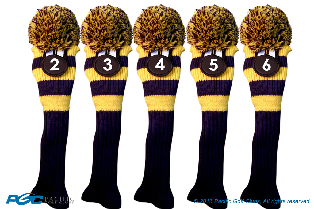 Majek #2, 3, 4, 5, 6 Hybrid Combo Pack Rescue Utility Blue & Yellow Golf Headcover Knit Pom Pom Retro Classic Vintage Head Cover