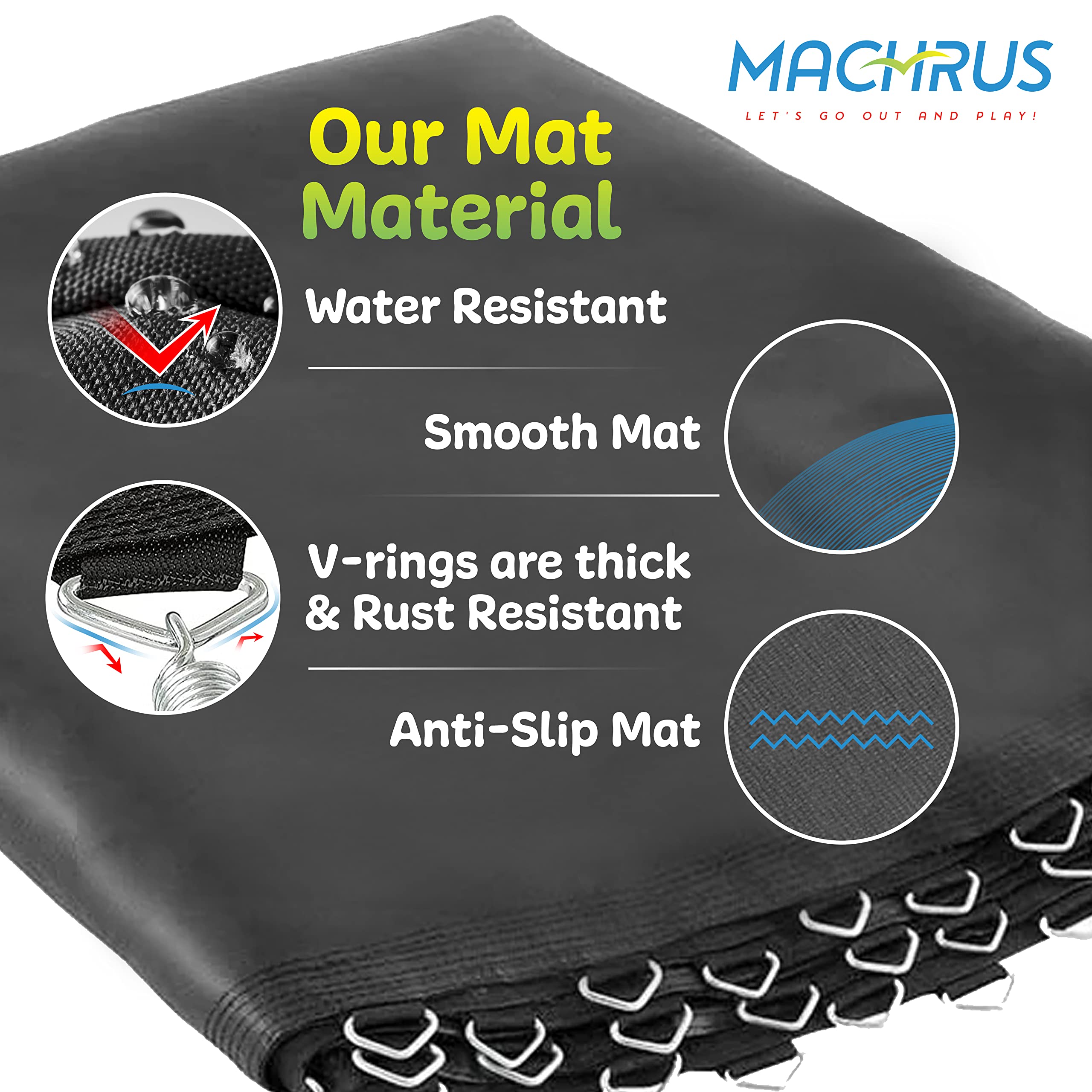 Machrus Upper Bounce Trampoline Replacement Mat With Sturdy 72 V-Rings- Jumping Mat Compatible With 12Ft Round Frame & 7