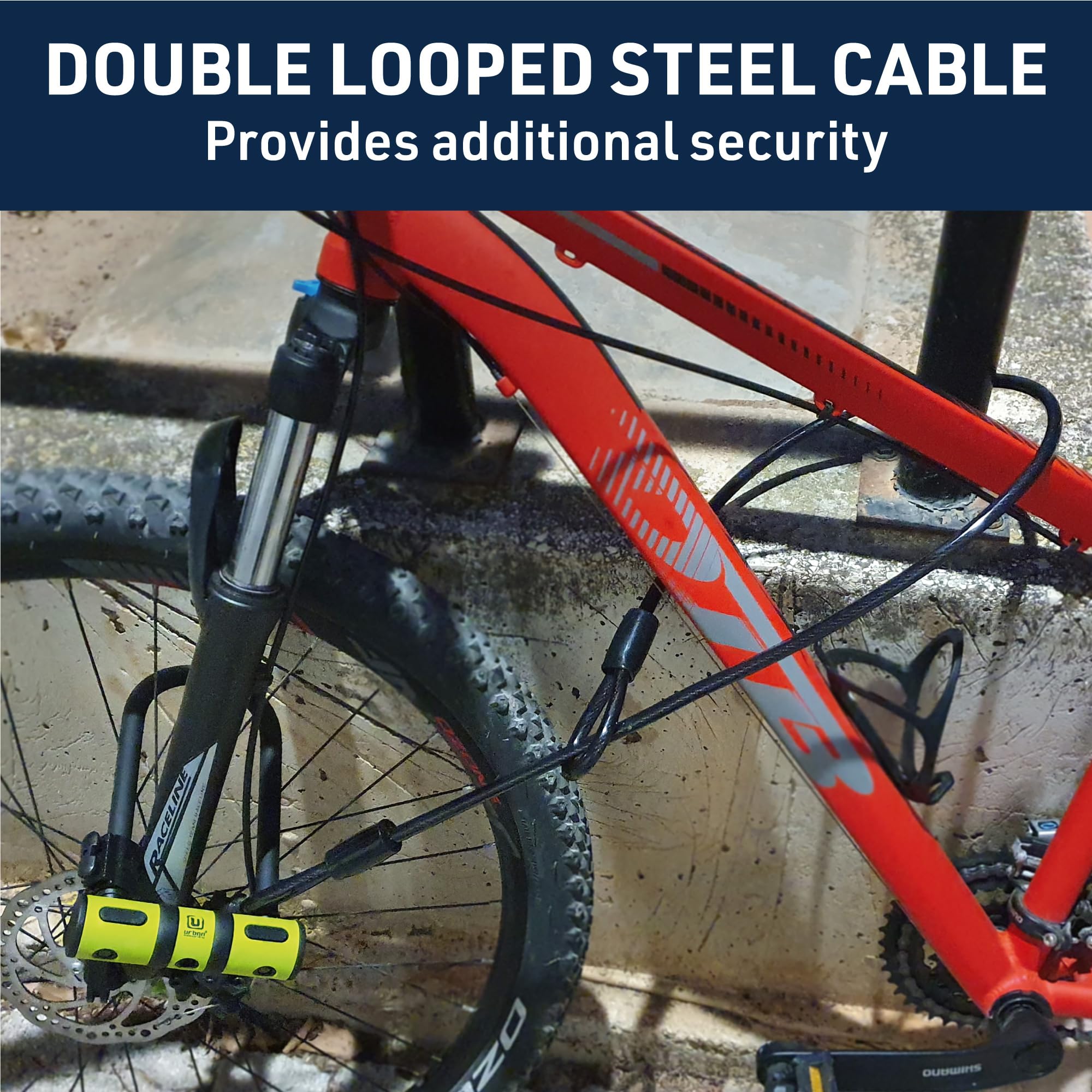 Urban Ur80150B Bicycle U Lock, Hardened Steel, Double Locking, Fork A051In Coating, Interior 31X75In, Security Loop Cable 39Ft A