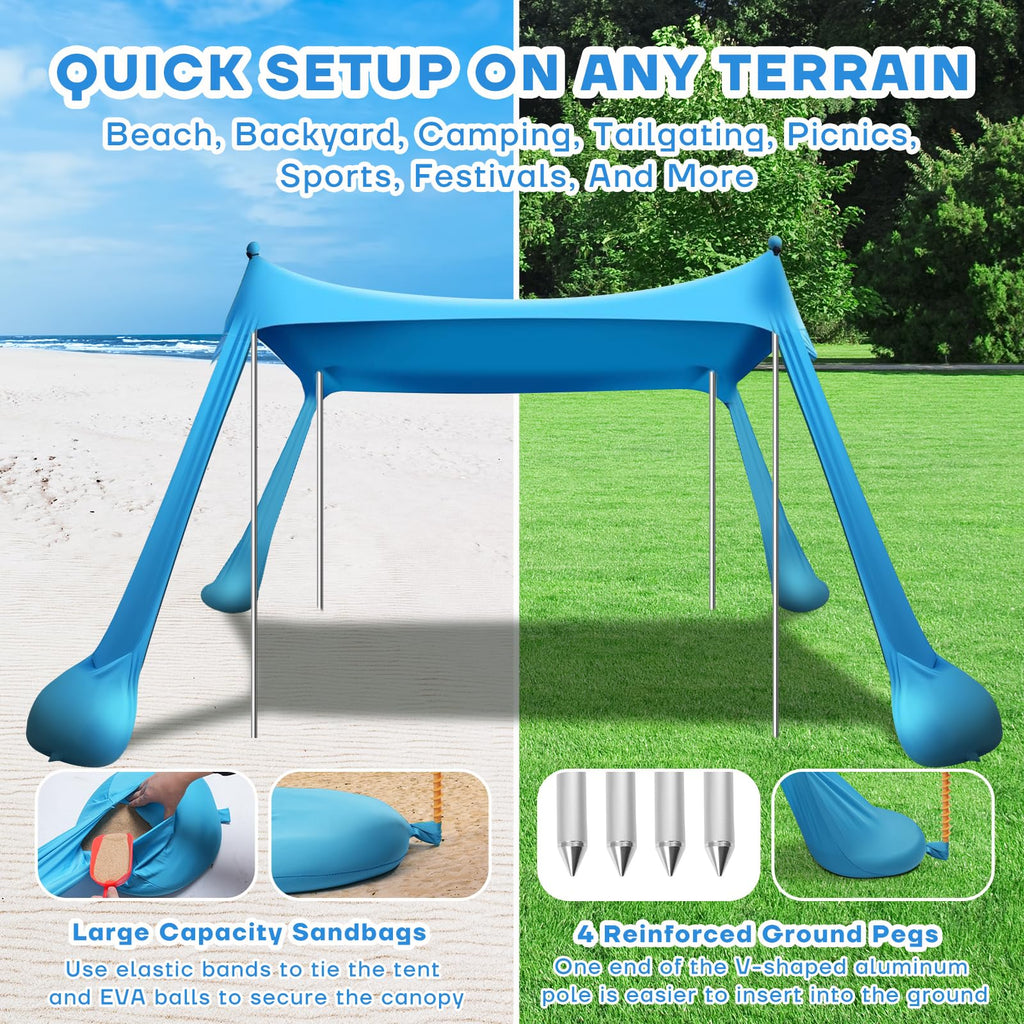 Beach Tent Canopy Upf50+ Protection, 10X10Ft Beach Shade Sun Shelter Pop Up With 4 Stability Poles, Sandbags, Sand Shovels, Grou