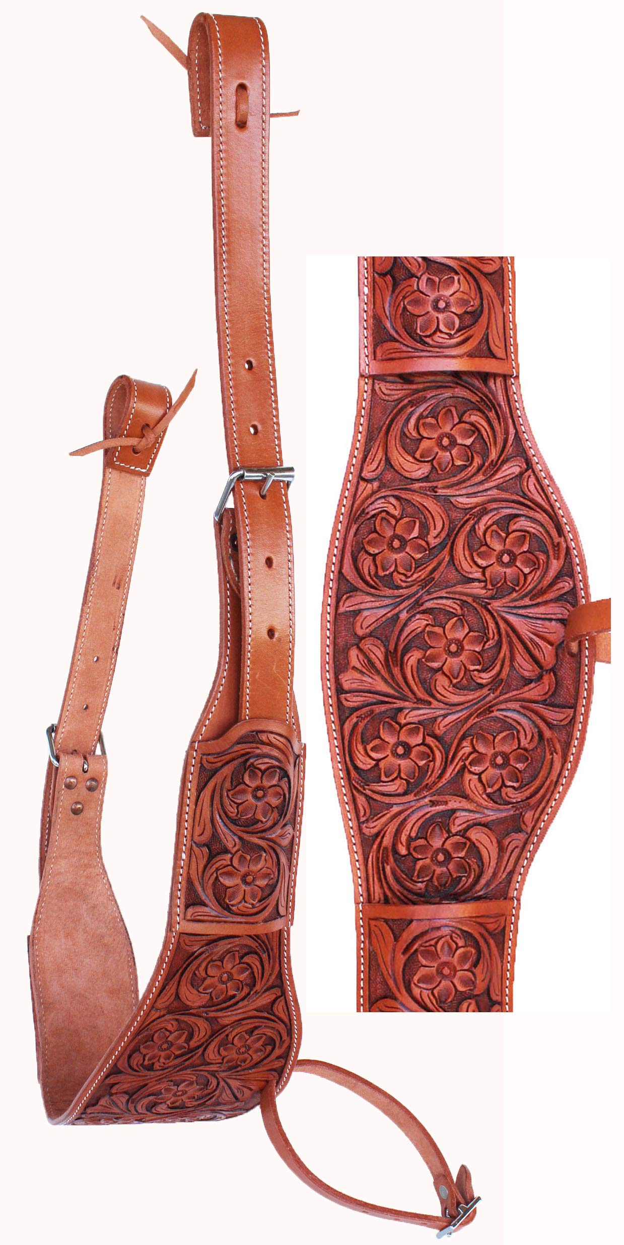 Challenger Horse Western Floral Tooled Leather Rear Flank Saddle Cinch W/Billets 9772Fl