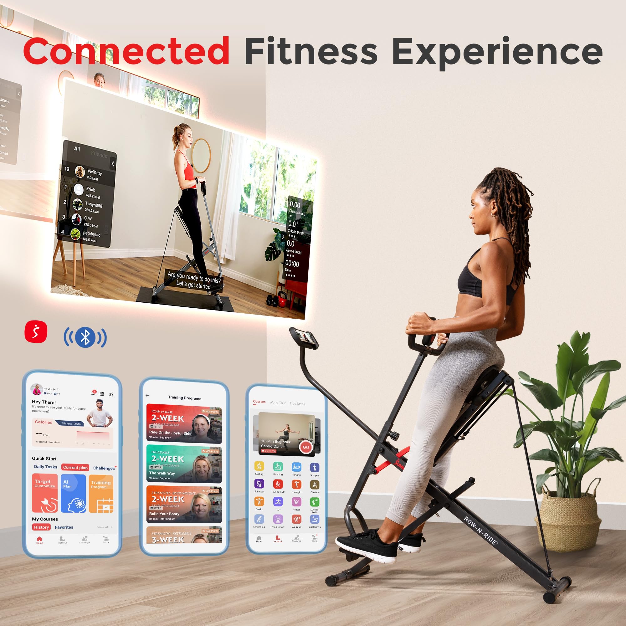 Sunny Health & Fitness Smart Upright Row-N-Ride Exerciser, Squat Assist Trainer for Glutes Workout with Adjustable Resistance, E