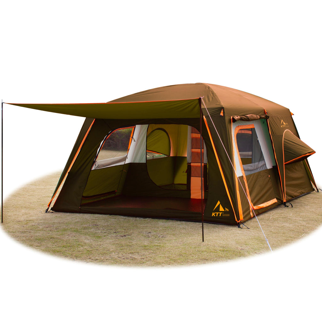 Ktt Extra Large Tent 12 Person,Family Cabin Tents,Full Rainfly,2 Rooms,2 Bay-Windows And 3 Doors 3 Windows With Mesh,Waterproof,