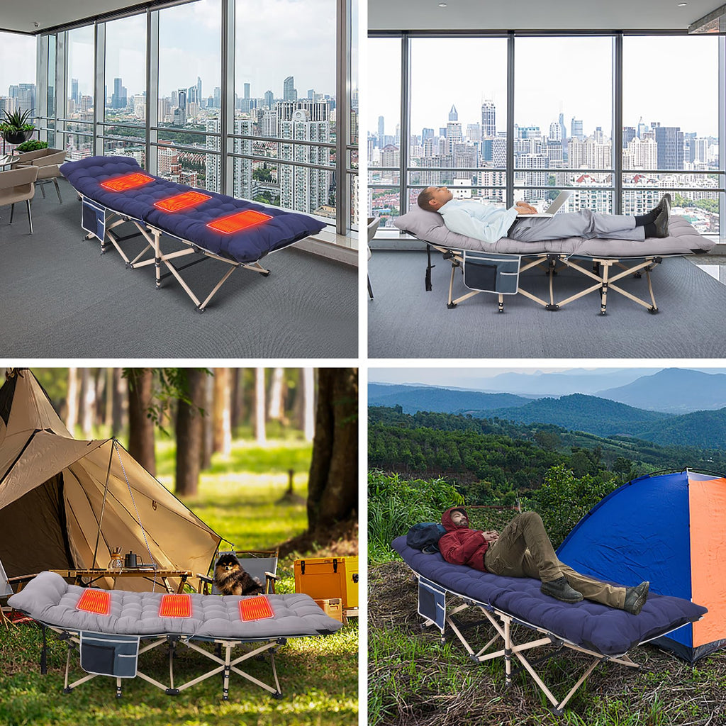 Wgos Camping Cot, Heated Camping Cot Folding Cot For Adults With Heated Mattress, Folding Bed, Carry Bag, Pillow & Side Mesh Hol