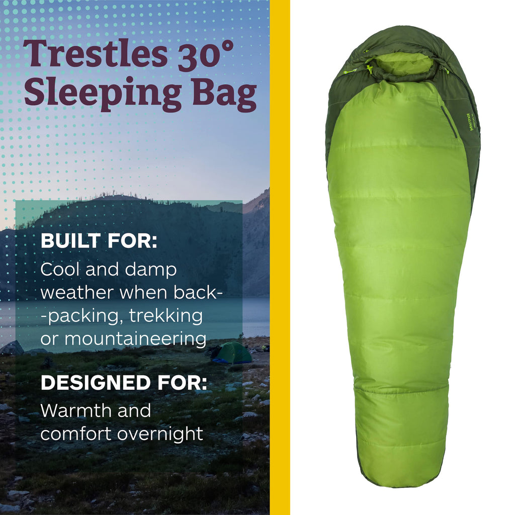 Marmot Mens Trestles 30? Sleeping Bag  Insulated, Water-Resistant, Left-Zip, Green Lichen/Greenland