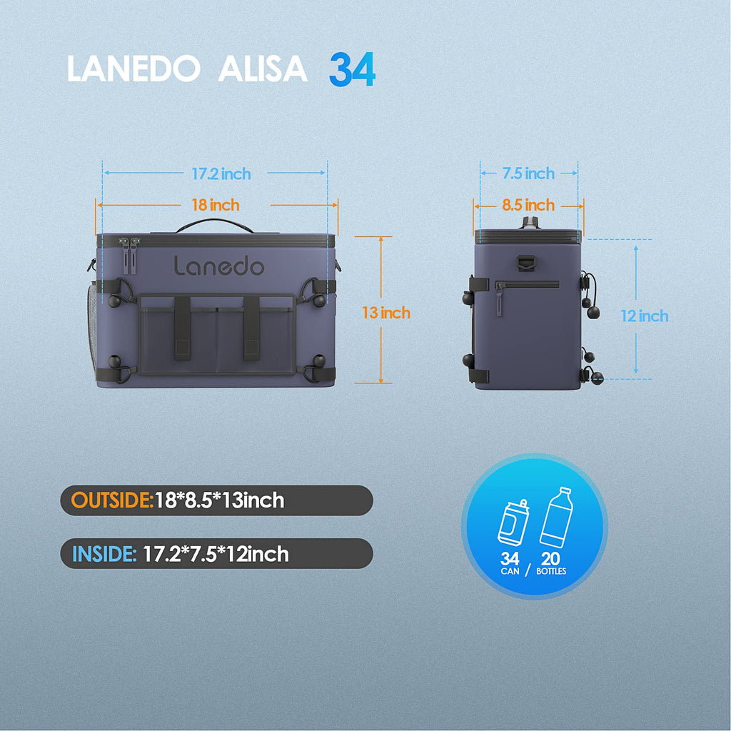 Lanedo 34-Can Collapsible Soft-Sided Cooler, Soft Ice Bag, Leak-Proof Beach Cooler, Ice Chest, Portable Travel Cooler For Food S