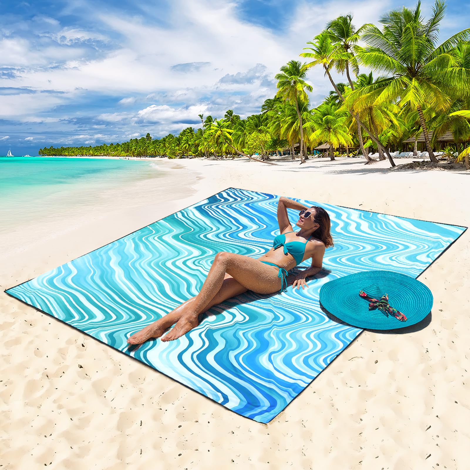 Beach Blanket Waterproof Sandproof Beach Mat 79 X 83/10'X9'For 2-8 Adults Quick Drying Outdoor Picnic Mat Beach Accessories For