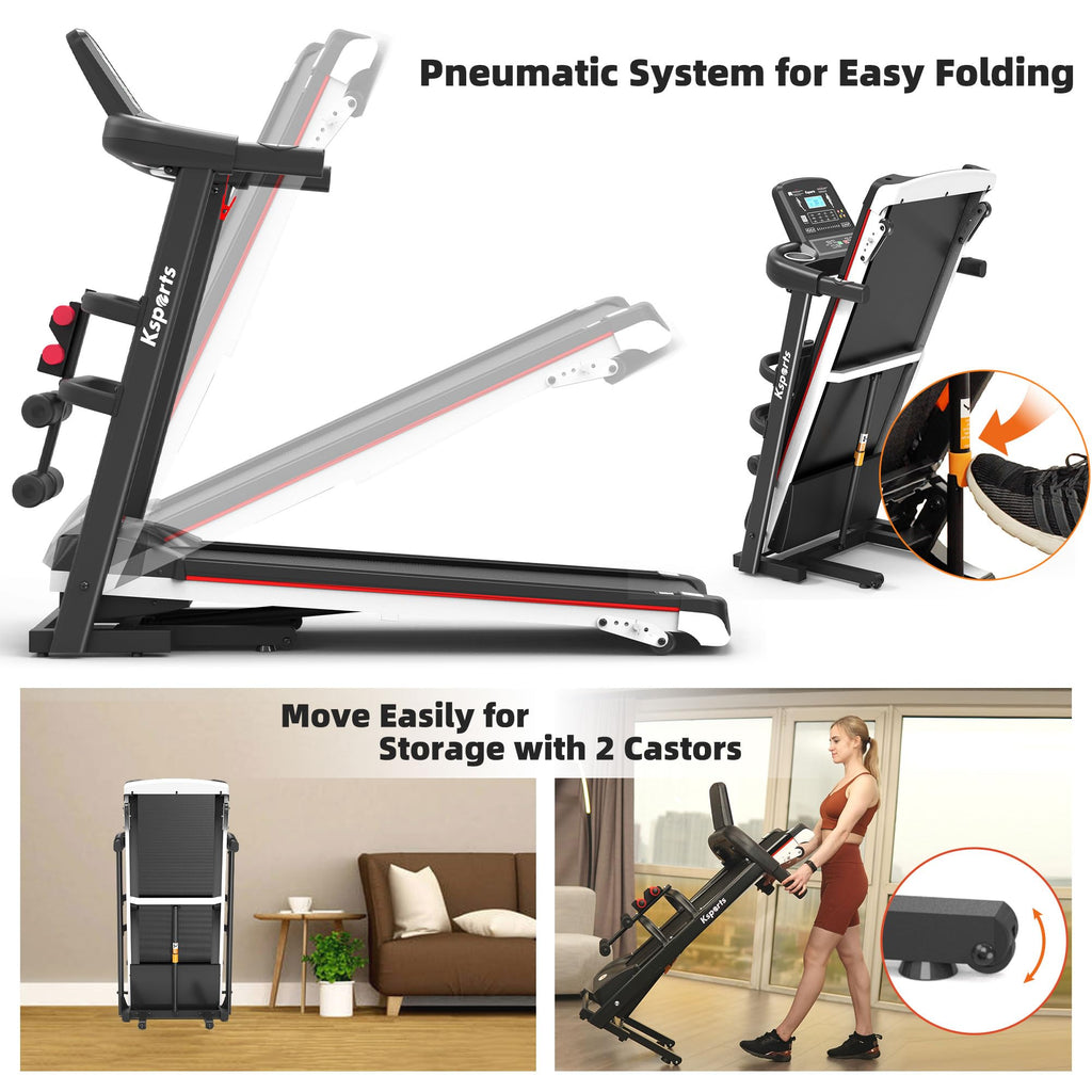 Ksports Foldable 16 Inch Wide Home Treadmill W/Bluetooth Connectivity, Kinomap, Zwift & Fitshow Fitness Tracking Apps, Music, 4