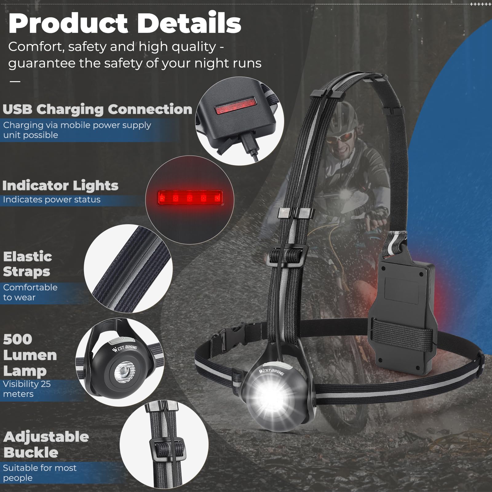 West Biking Christmas Gift Night Running Lights, Usb Rechargeable Chest Light With 90    Adjustable Beam Angle, 500 Lumens Water
