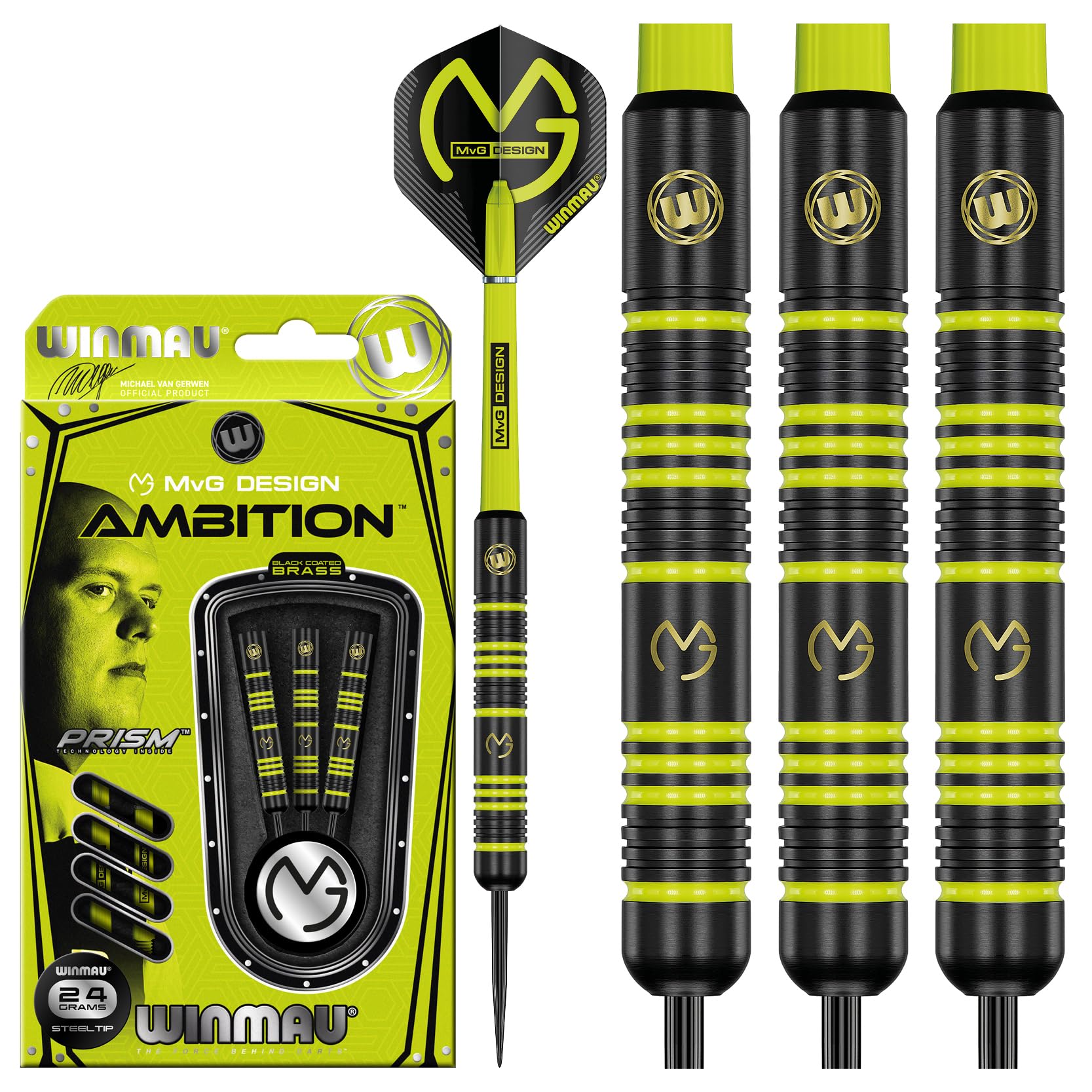 Winmau Michael Van Gerwen Mvg Ambition Brass Steeltip Darts Set 24G With Mvg Flights And Nylon Shafts (Stems)
