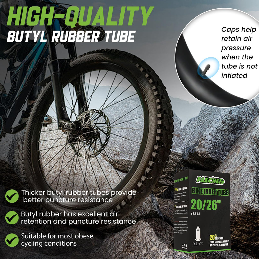 Pakchef 20 X 4.0 Fat Tire Tube For 20X3.5/4.0 E-Bike Bicycle Fat Tire Tubes Schrader Valve - 20 Inch Butyl Rubber Bike Inner Tub