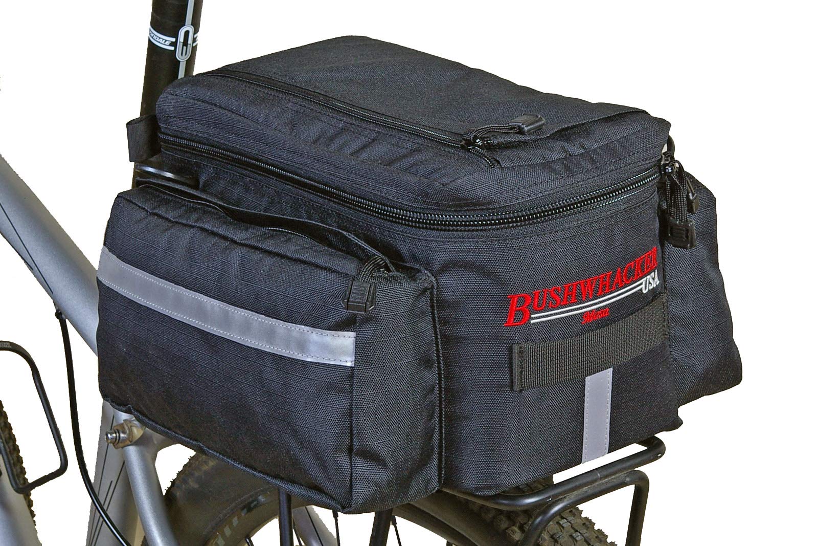 Bushwhacker?Mesa Trunk Bag Black  w/Rear Light Clip Attachment & Reflective Trim  Bicycle Trunk Bag Cycling Rack Pack Bike Rea