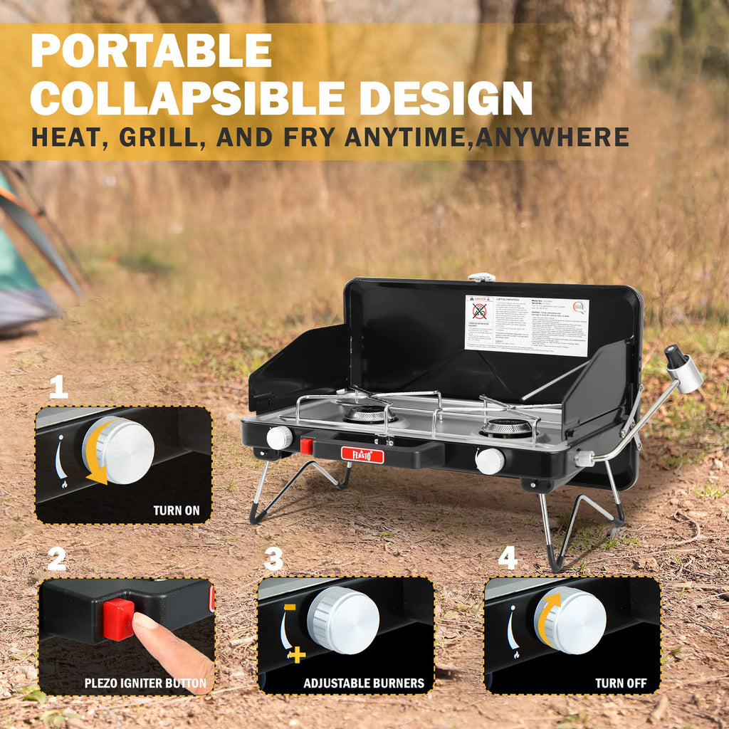 Feasto Camping Propane Stove, Portable Camping Grill Stove, Push-Button Ignition, Adjustable Windproof Burners, Wind Guards, Fol