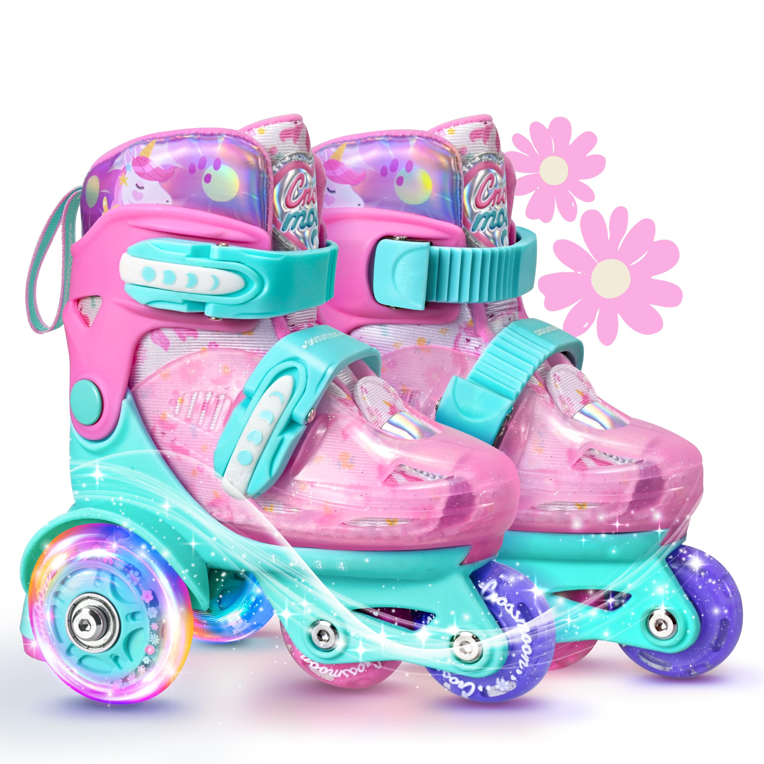 Unicorn Toddler Roller Skates, 4 Adjustable Sizes, Fun Light-Up Wheels, Safety Three-Point Type, Breathable Upper, Beginner Roll