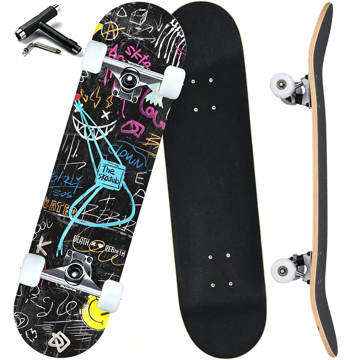ANYFUN Pro Complete Skateboards for Beginners Girls Boys Kids Youths Teens Adults 31x8 Skate Boards 7 Layers Canadian Maple Double Kick Deck Concave Longboard (Graffiti)
