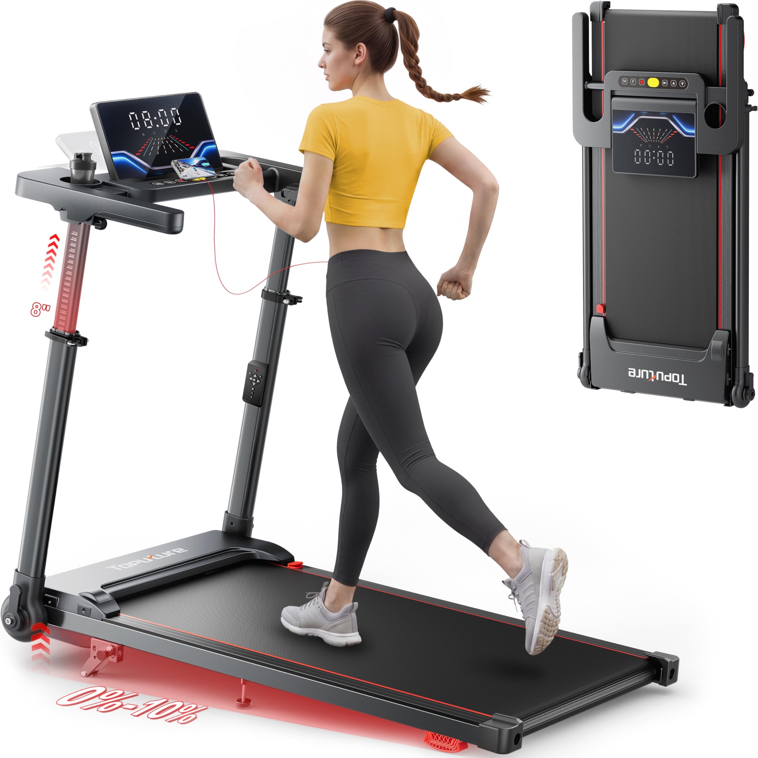 TOPUTURE Walking Pad with Adjustable Handle Bar & 10% Incline, Foldable Treadmills for Home, Portable Walking Pad with Desk, LED
