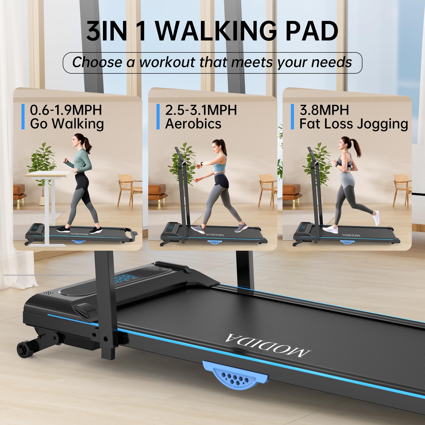 Modida 3-In-1 Foldable Treadmill For Home, Portable Walking Pad & Running Machine With Remote Control & Led Display, Compact Ele