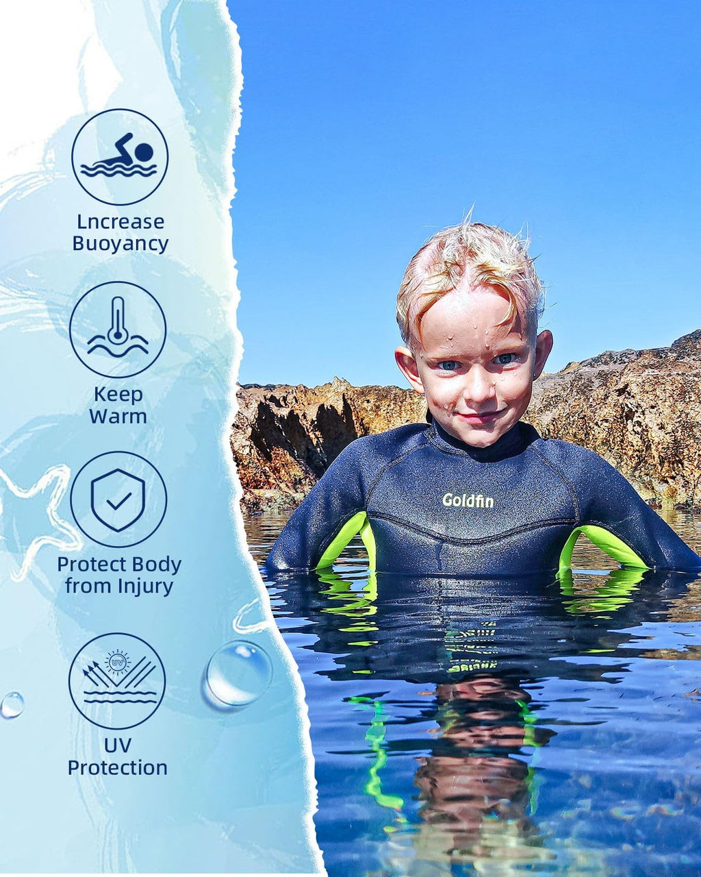 Goldfin Kids Wetsuit For Boys Girls, 3Mm Neoprene Fullsuit For Toddler Back Zip Youth Water Aerobics Diving Boating Snorkeling S