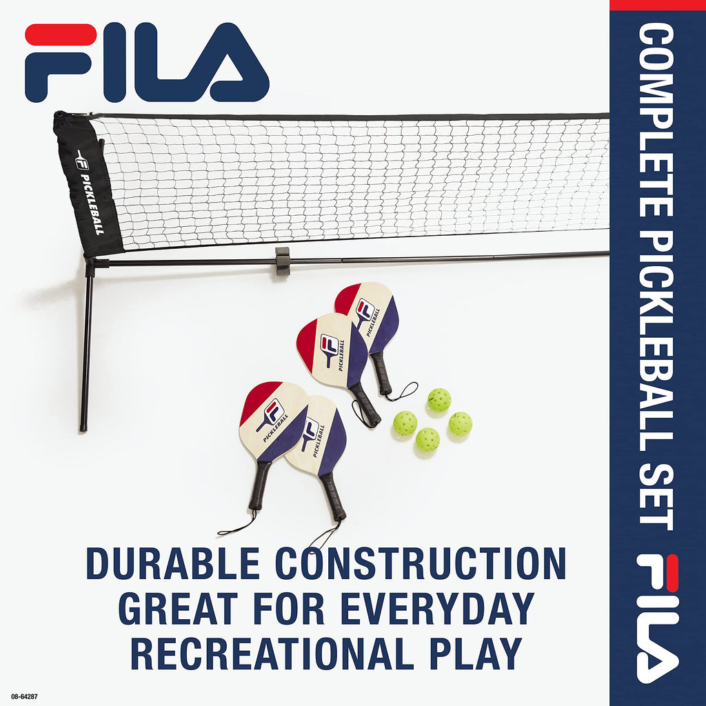 Fila Accessories Pickleball Net Set - Includes Pickleball Paddles Set Of 4 With Regulation Size 4 Outdoor Balls & 10Ft All Weath