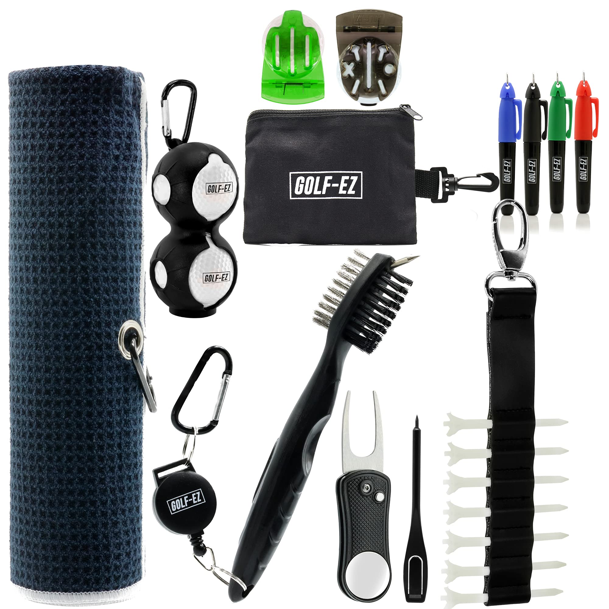 Golf-Ez Golf Essentials Kit  Golf Towel  Cleaning Brush  Tri-Line Golf Ball Alignment Kit  Divot Repair Tool  Golf Ball & Tee Ho