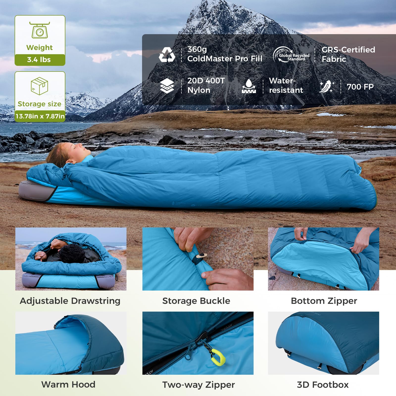 Atepa Peakvent 520 Down Sleeping Bag For Adults, 700Fp Recycled Ultralight Cold Weather 3 Season Compact Packable Sleeping Bag W