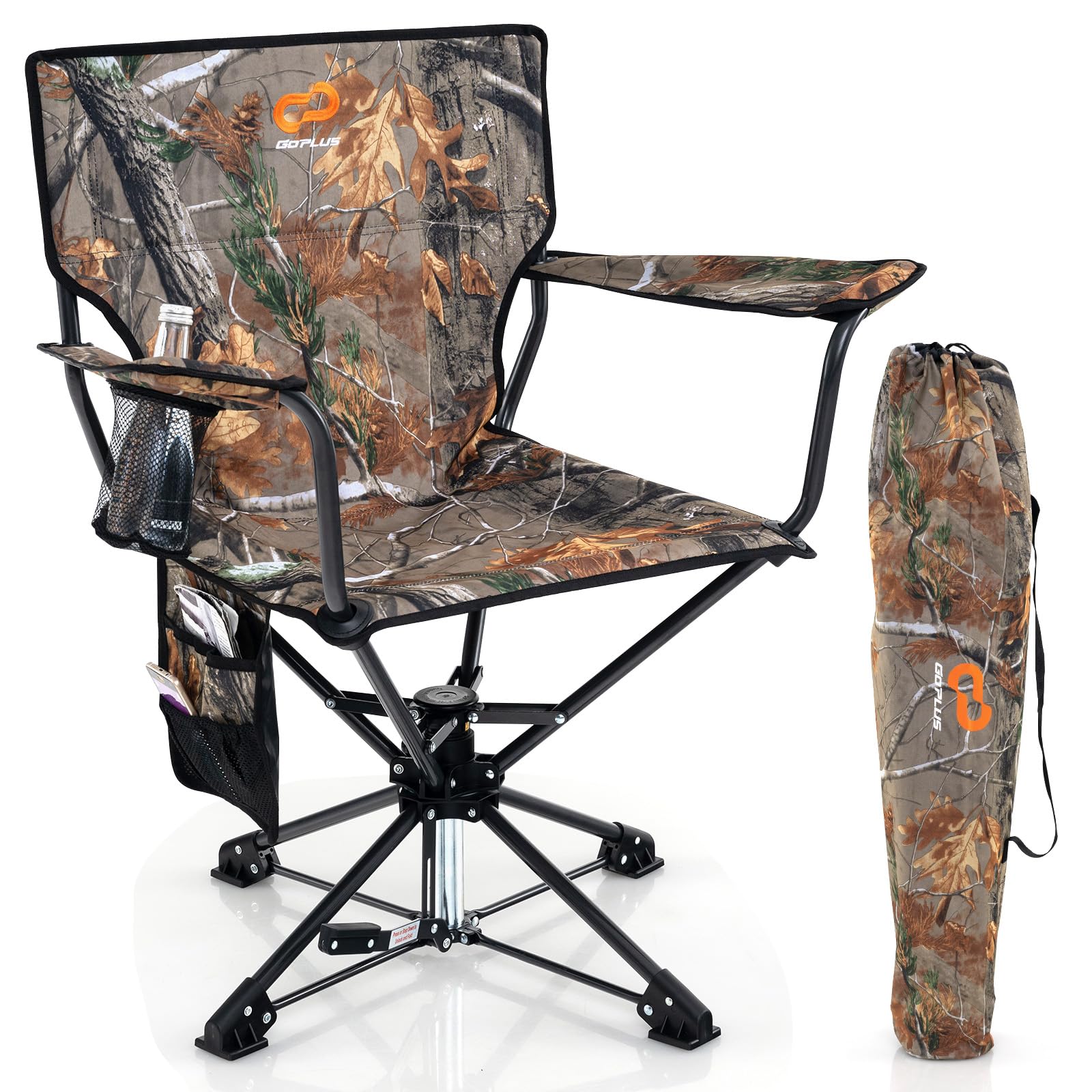 Goplus Swivel Camping Chair, Portable Hunting Chair For Adults W/Cup Holder & Carrying Bag, Folding 360-Degree Free Rotation Law