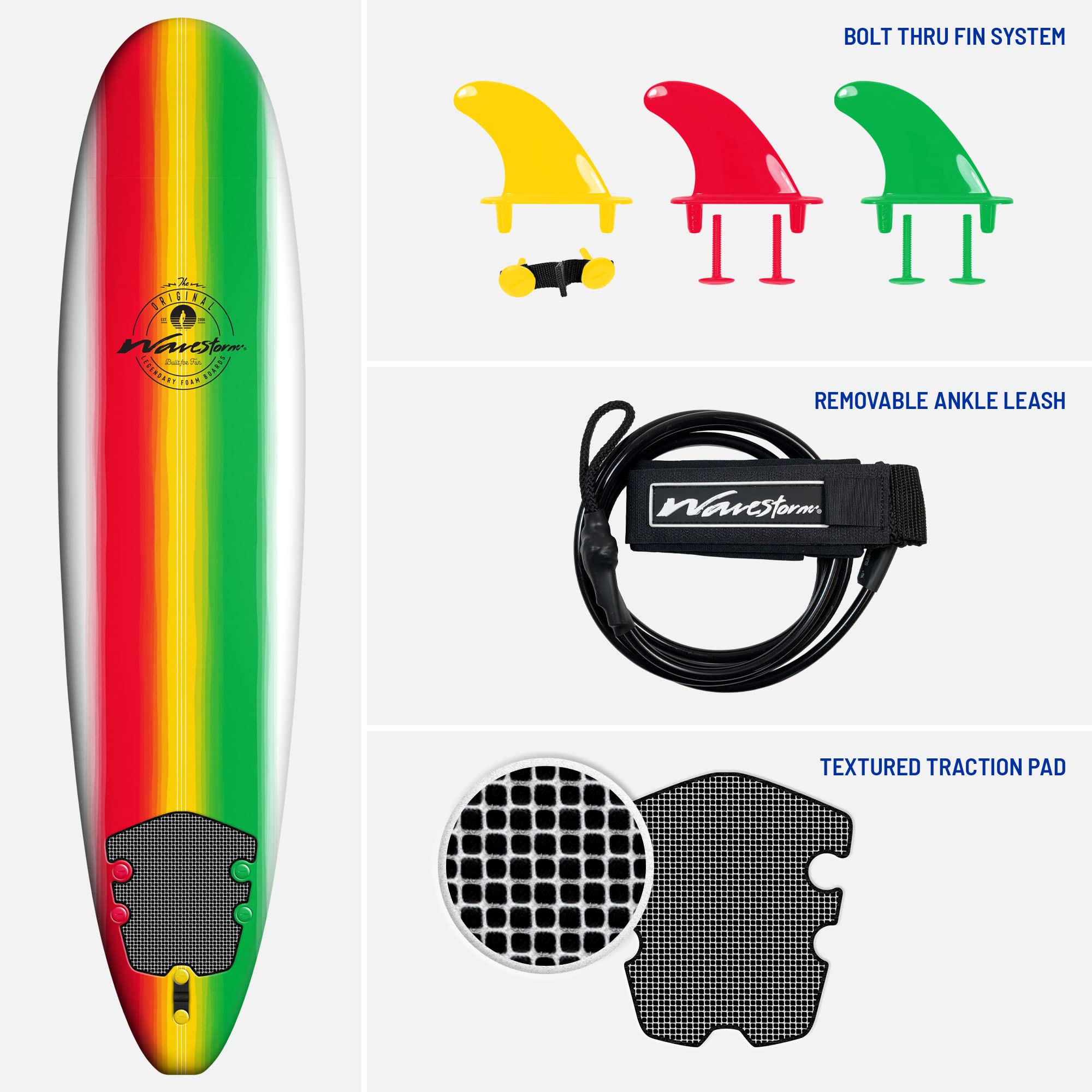 WAVESTORM Classic Soft Top Foam 8ft Surfboard (Rasta