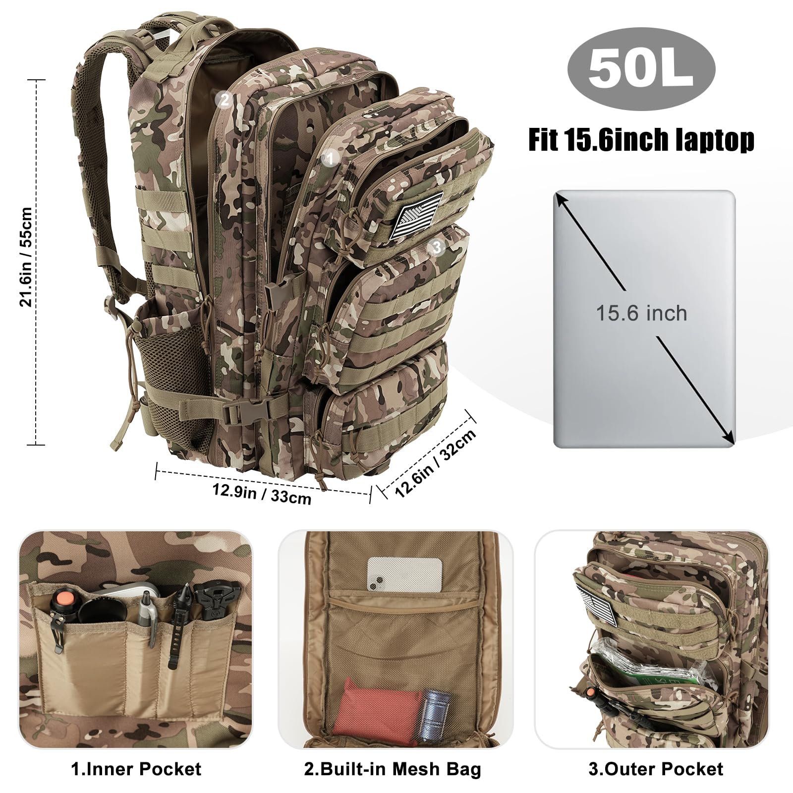 kookoomia Military Tactical Backpack 50L Large Day Backpack for Men Molle Army 3 Days Assault Pack Bug Out Bag Water Resistant a