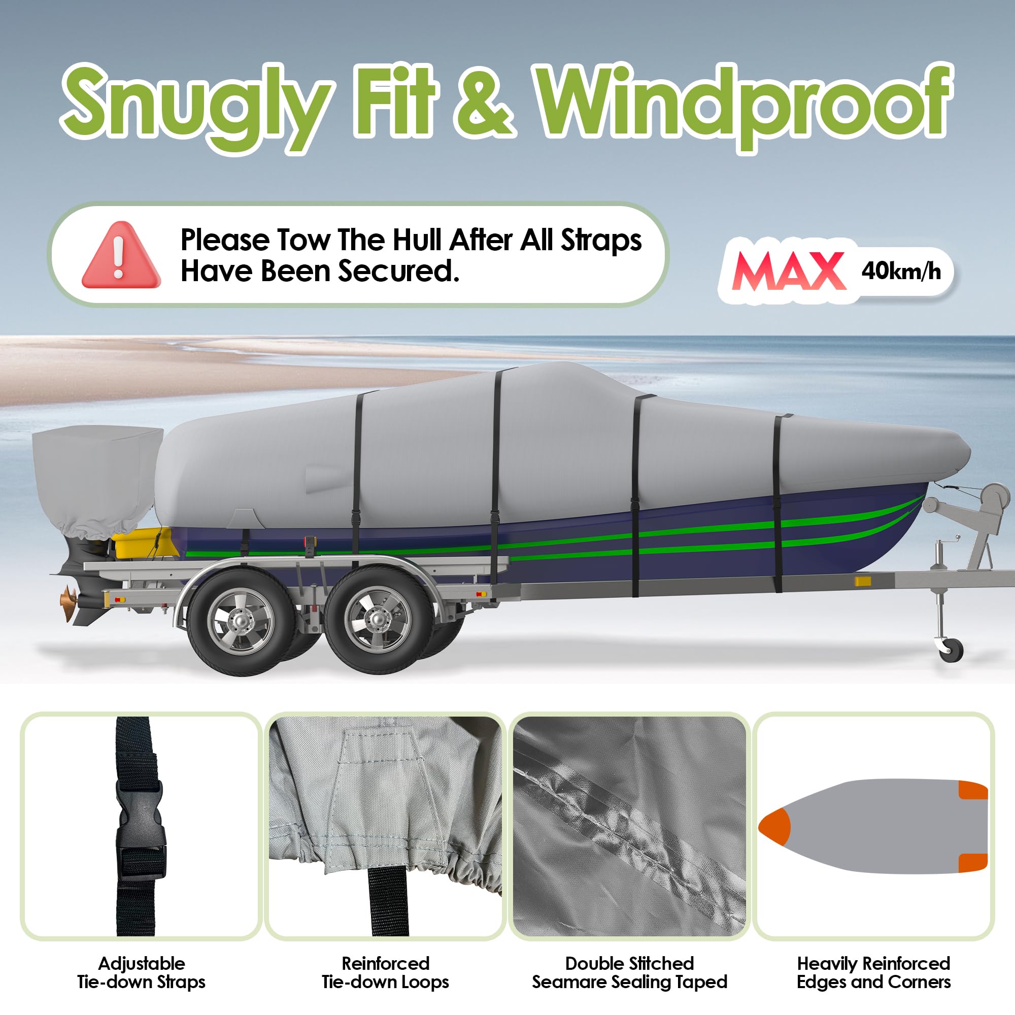 K-Musculo Heavy Duty 800D Waterproof Boat Cover, Tear & Uv Resistant With Motor Cover, Fits V-Hull, Tri-Hull, Runabout (Width 10