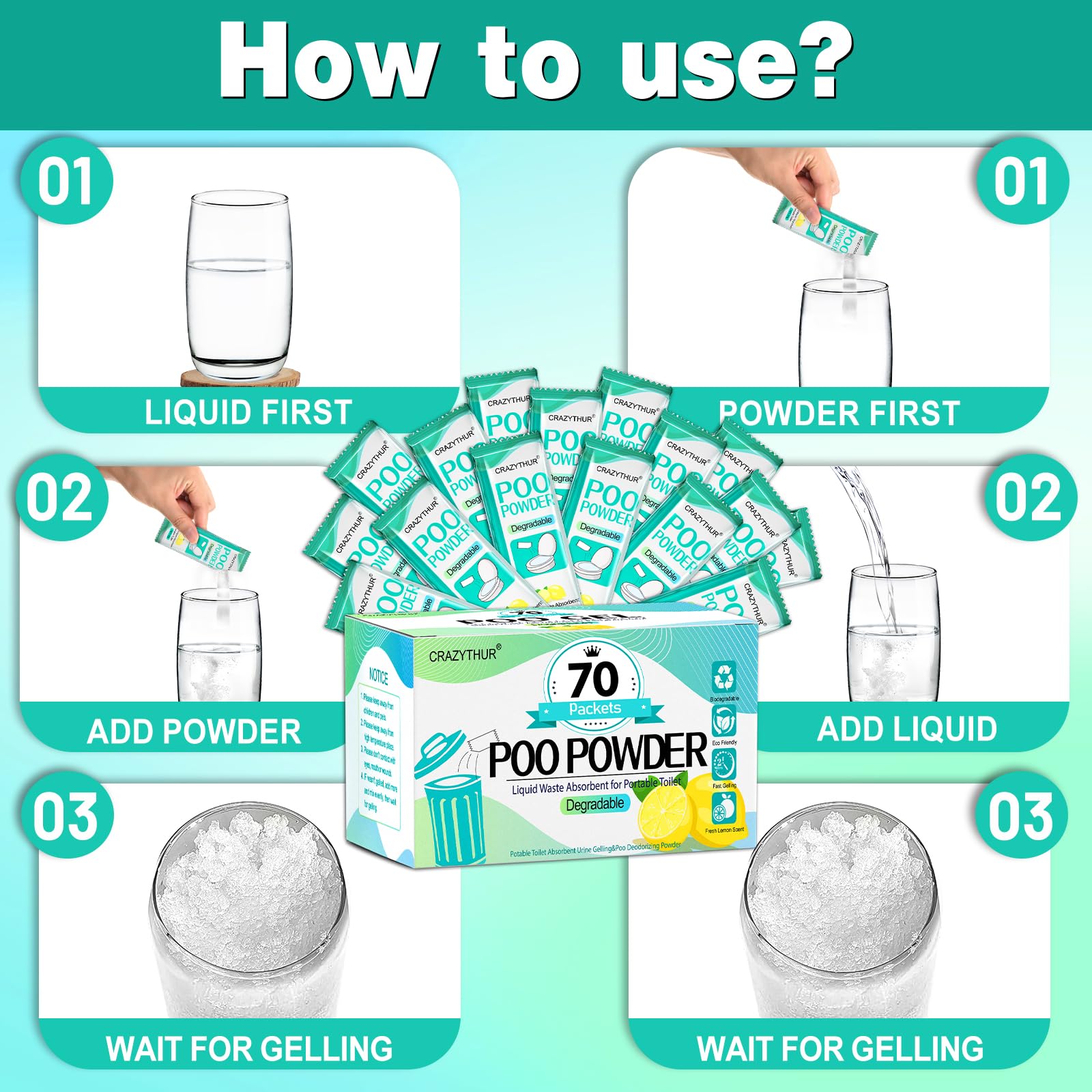 Crazythur Portable Toilet Gel, 70 Packets Camp Toilet Poo Gel, Lemon Scent, Eco For Outdoor Hiking And Camping