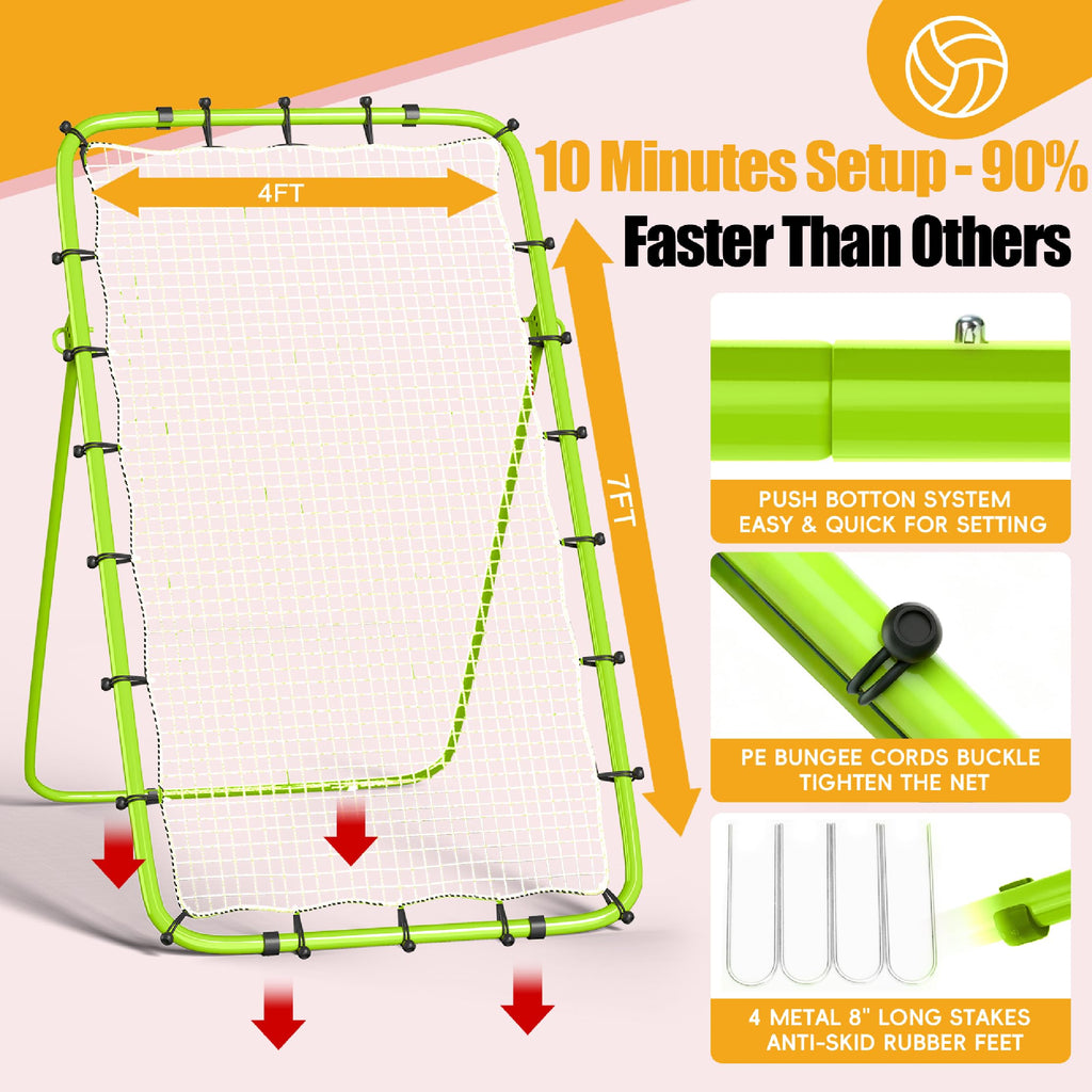 Volleyball Rebounder Net 7x4 Ft, 5-Angle Adjustable Rebounder Net with 2 Target Stripes & Portable Travel Bag, Durable Bounce Ba