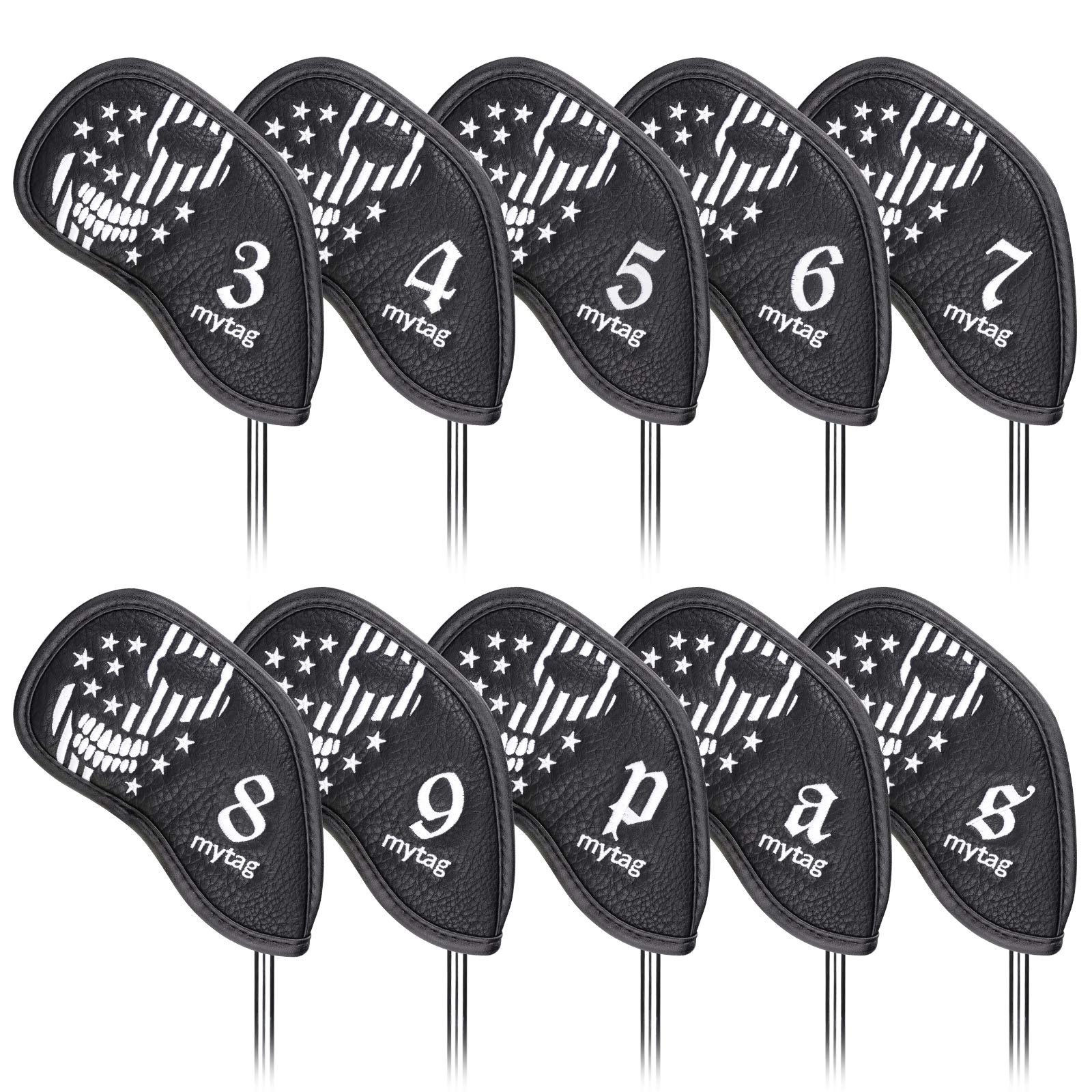 Caiobob Mytag Golf Iron Head Cover Wedge Headcover Set Black Synthetic Leather Skull Skeleton Irons Protector (10Pcs Iron Set(3,