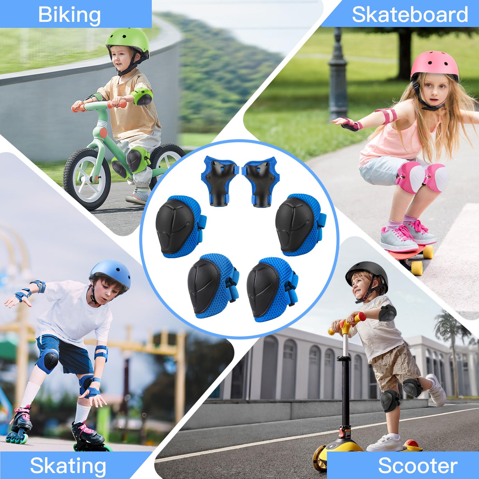 6PCS Kids Protective Gear Set, Knee Pads for Kids 3-10 Years Old, Toddler Elbow Pads, Wrist Guards, Skating Cycling Bike Rollerb