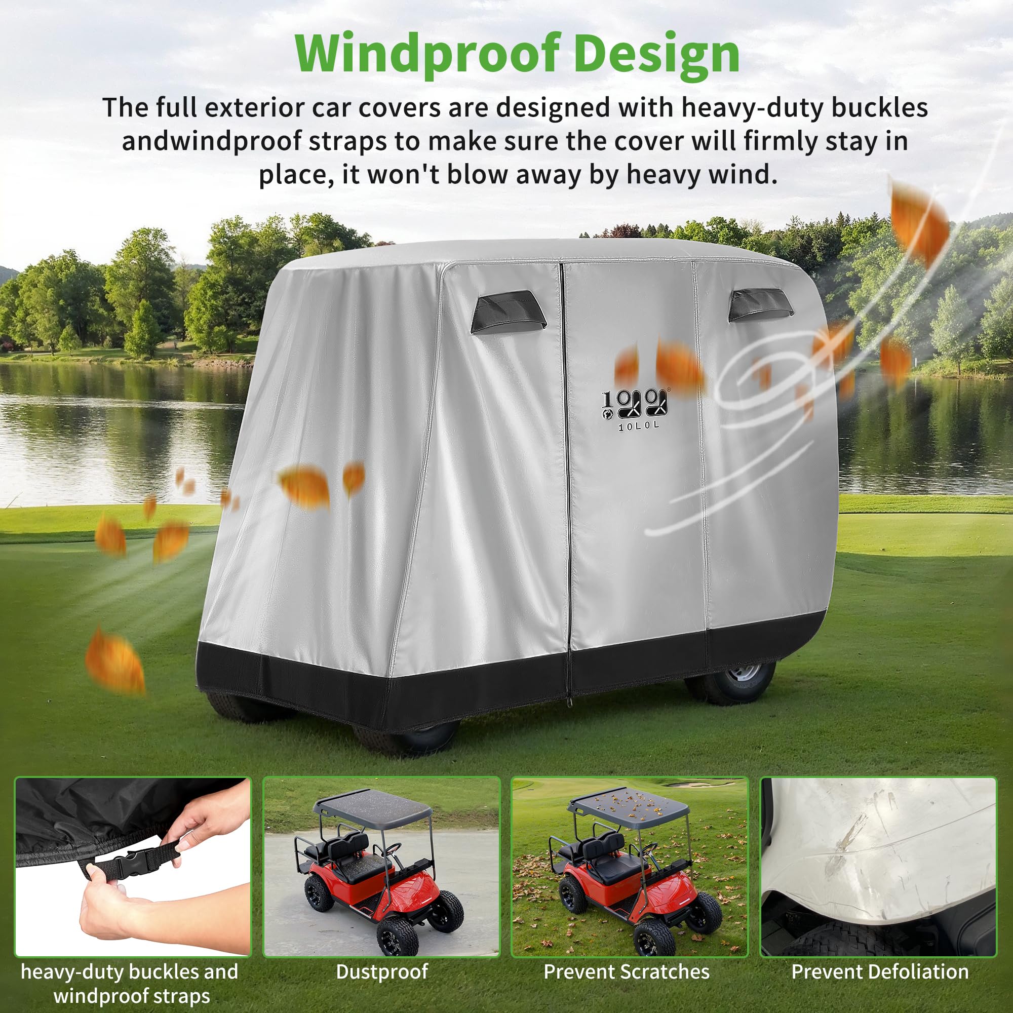 10L0L Universal 2-4 Passenger Golf Cart Cover For Ezgo, Club Car And Yamaha, Waterproof Sunproof And Durable, Silver White