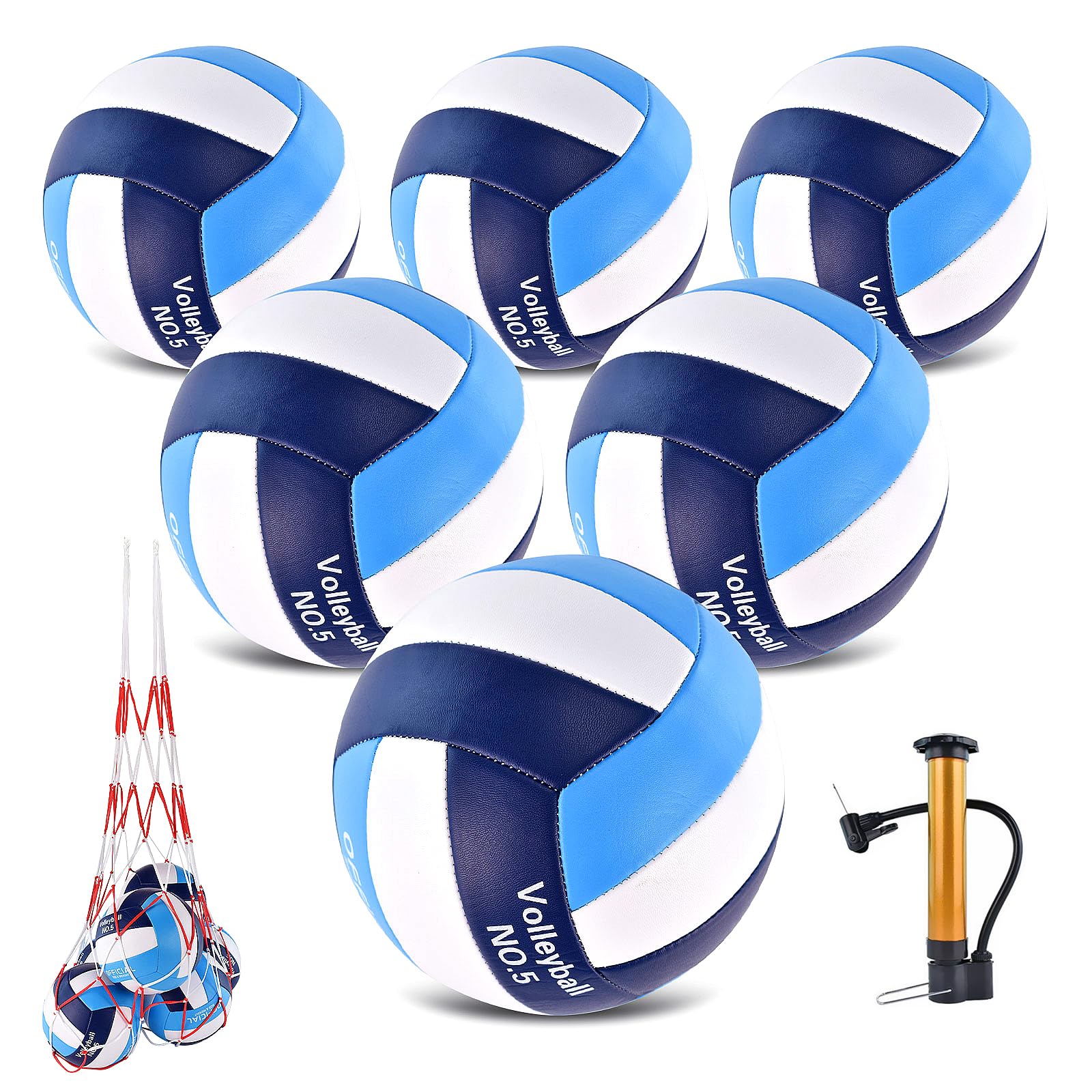 ELKCIP 6 Pack Volleyballs Official Size 5, Soft Bulk Recreational Volley Balls with Pump and Net Bag for Indoor Outdoor Beach Po