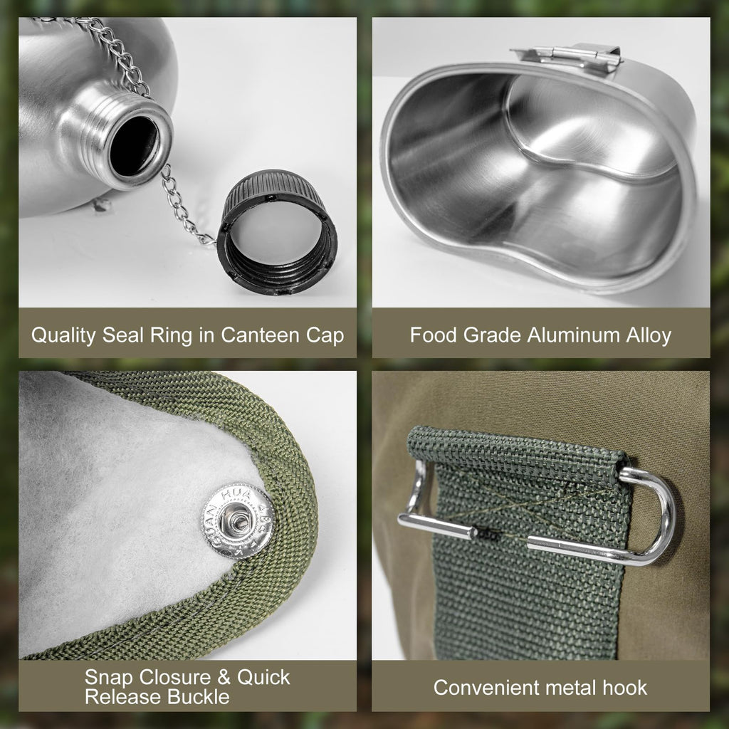 Afranti Stainless Steel Military Canteen 1Qt Portable Army Water Bottle With 0.5Qt Cup & Sleeves For Hiking Camping Climbing And