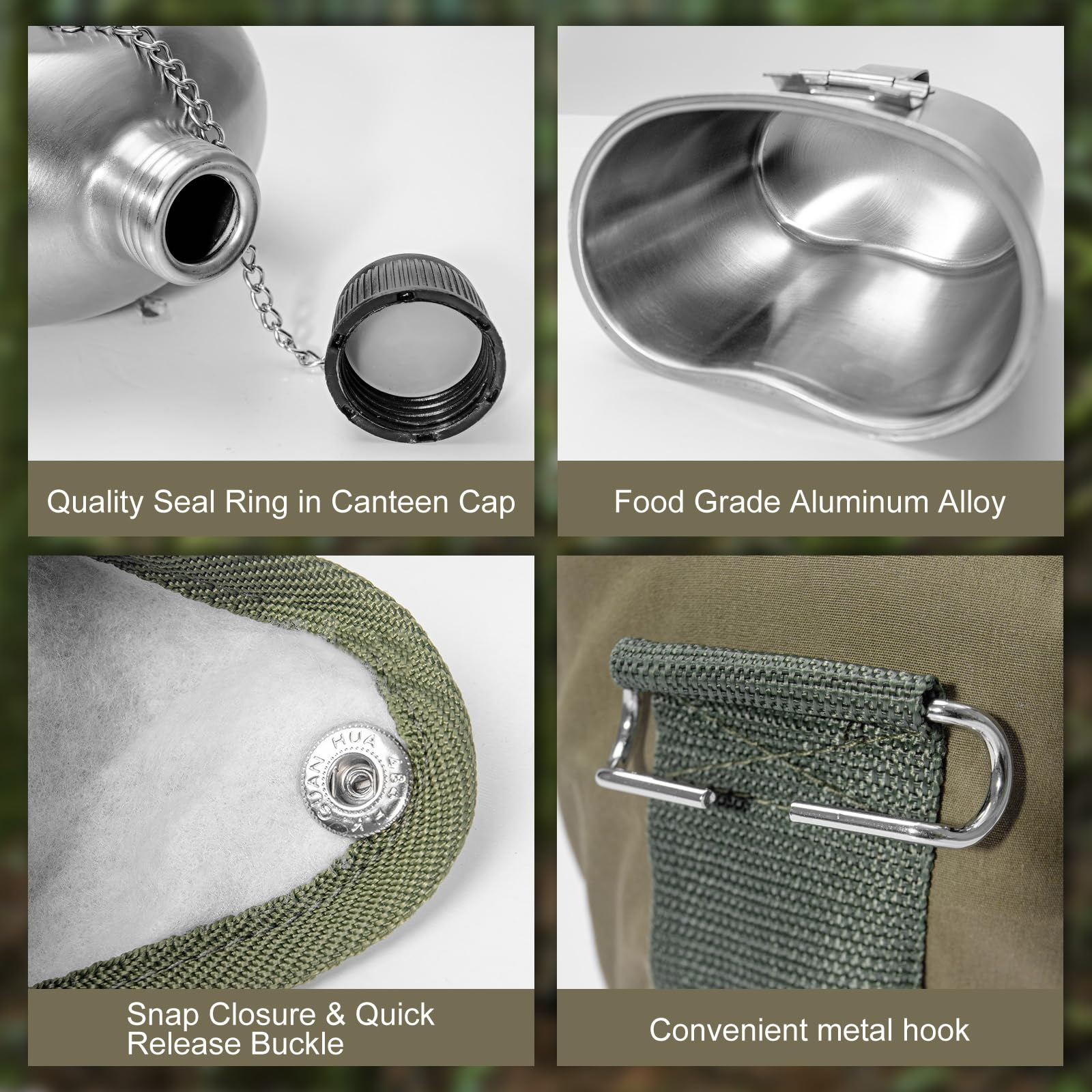 Afranti Stainless Steel Military Canteen 1Qt Portable Army Water Bottle With 0.5Qt Cup & Sleeves For Hiking Camping Climbing And