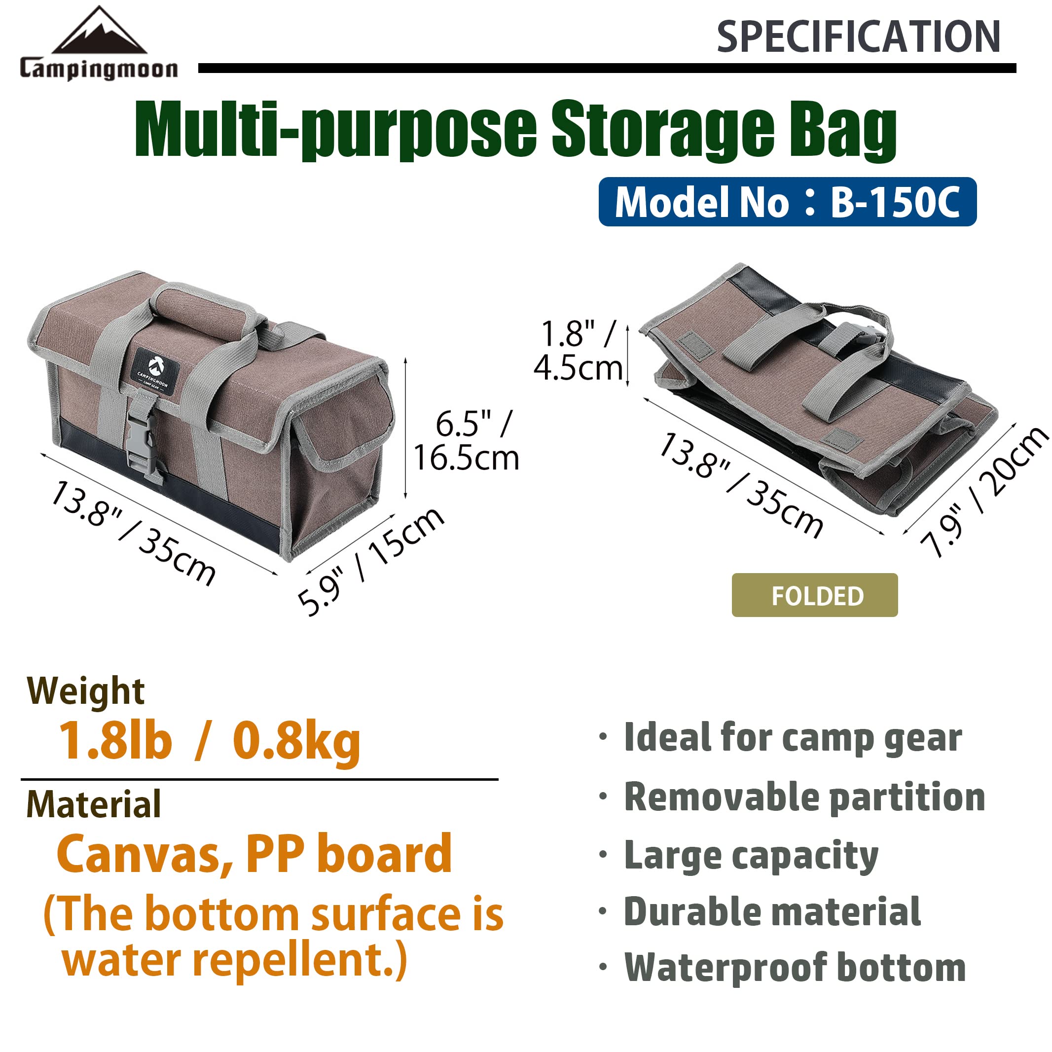 Campingmoon 13.8-Inch Bottom Waterproof Outdoor Camping Tent Stakes Hammer Multi-Container Storage Bag B-150C