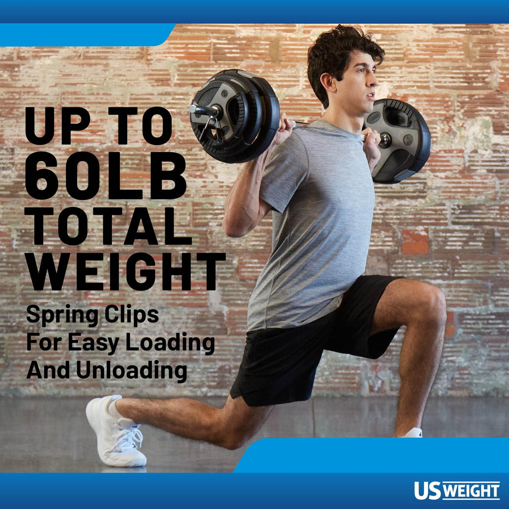 US Weight 60lb Curl Bar Weight Set with Spring Clips - Adjustable Workout Set for Home Gym - Ideal Exercise Equipment for Full-B