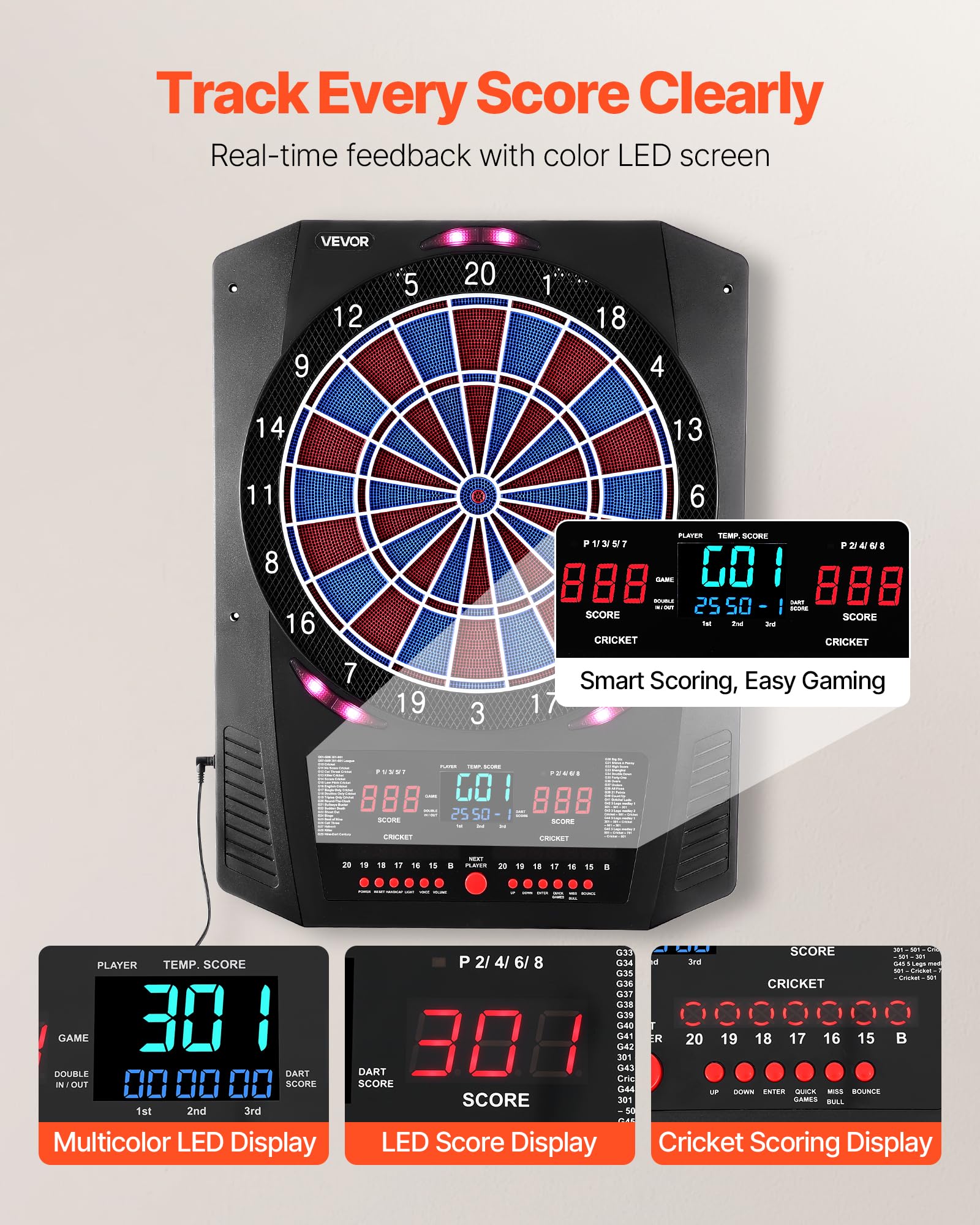 VEVOR Electronic Dart Board, 13.5 Target Dartboard with 45 Games & 474 Variations for Up to 8 Players, 6 Dart Shafts with Flight