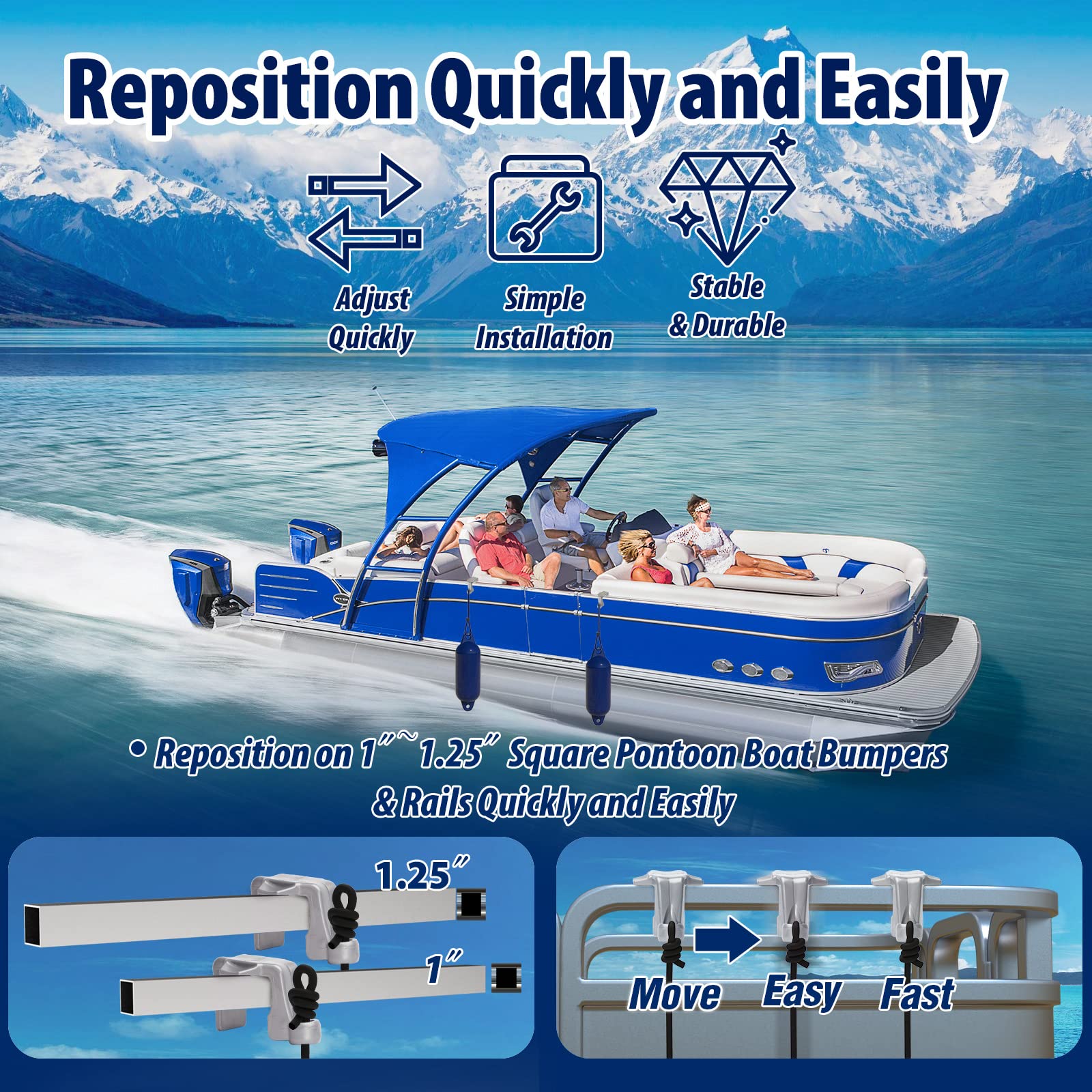 Boat Bumper Clips, Pontoon Boat Fender Clips For Docking, Pontoon Boat Square Rail Fender Hangers/Adjusters/Clips Work With Pont