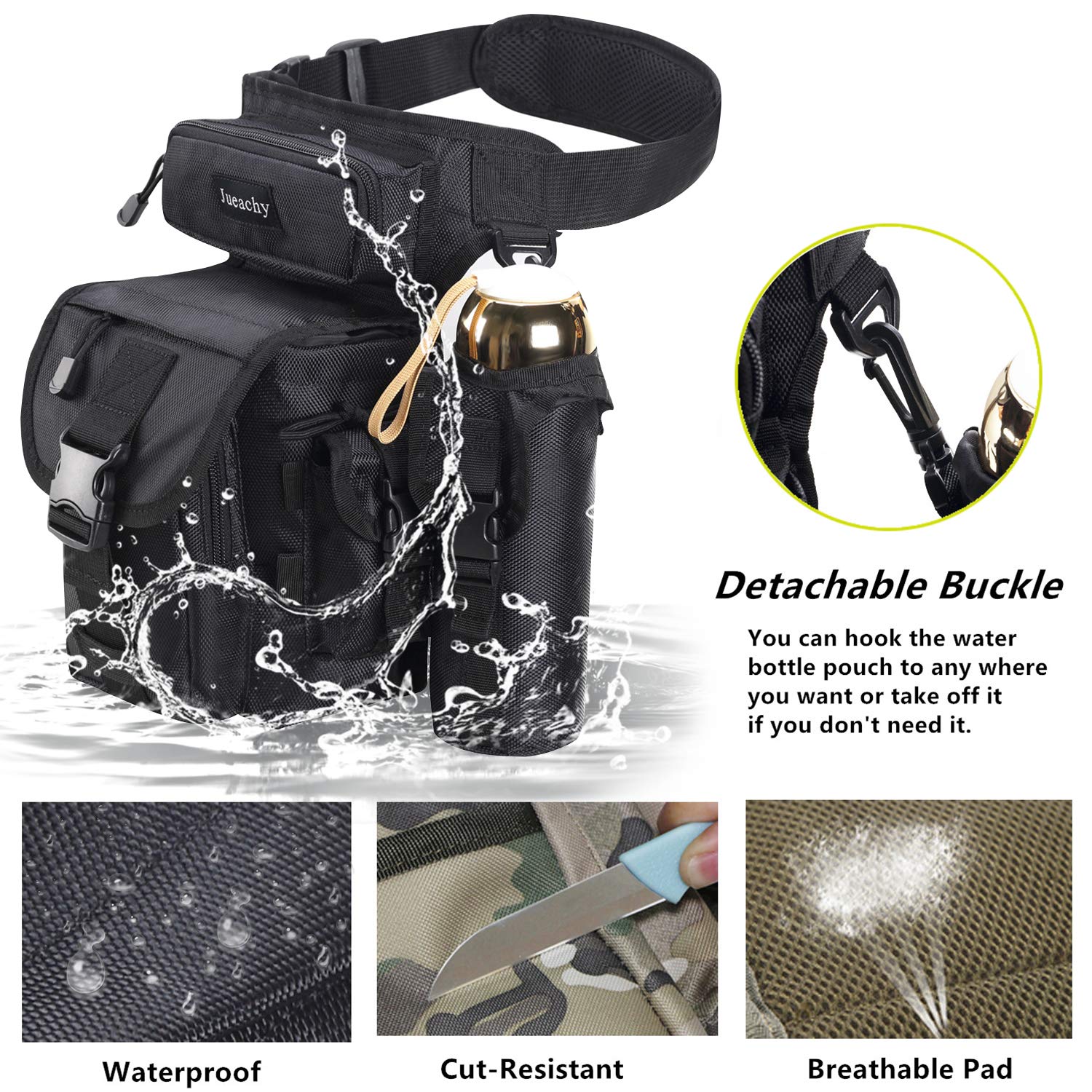 Jueachy Drop Leg Bag For Men Tactical Metal Detecting Thigh Pack With Water Bottle Pouch Black