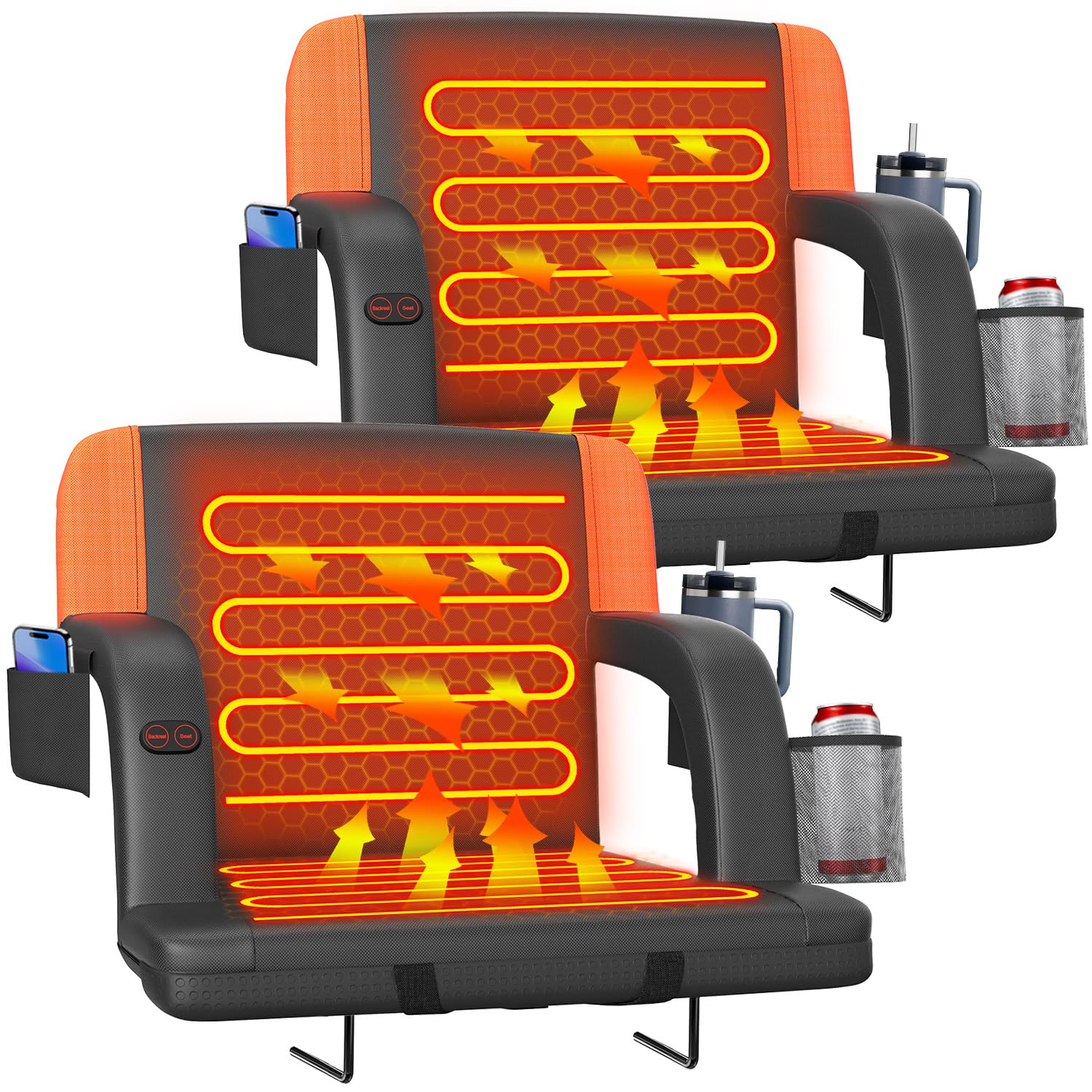 Suteck 2 pcs Dual-Sided Heated Stadium Seats for Bleachers with Back Support, 25 Portable Heated Bleacher Seat with Backrest, 3 