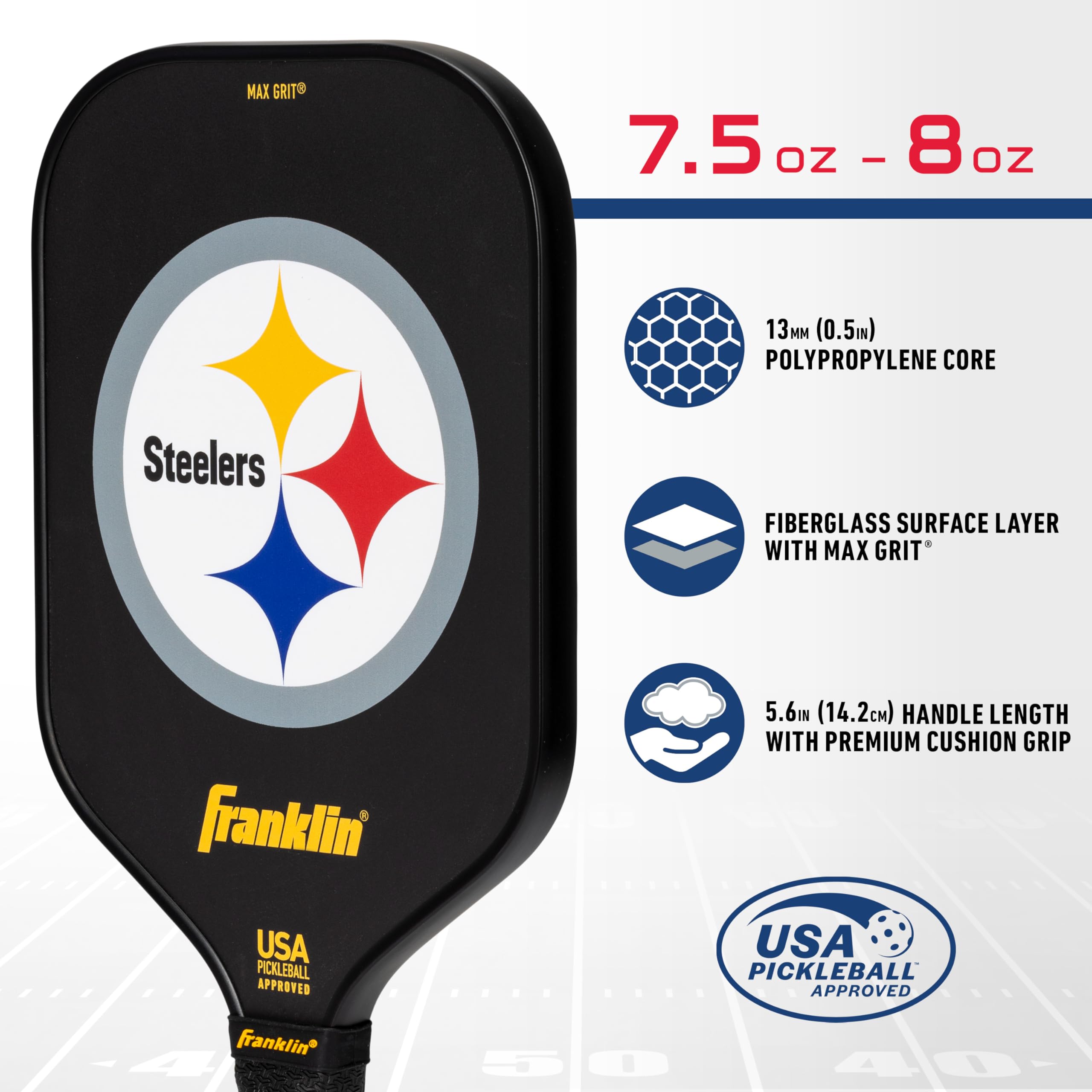 Franklin Sports Nfl Pittsburgh Steelers Pickleball Paddle - Pickleball X - Polypropylene Core, Team Logo - Nfl Official Licensed